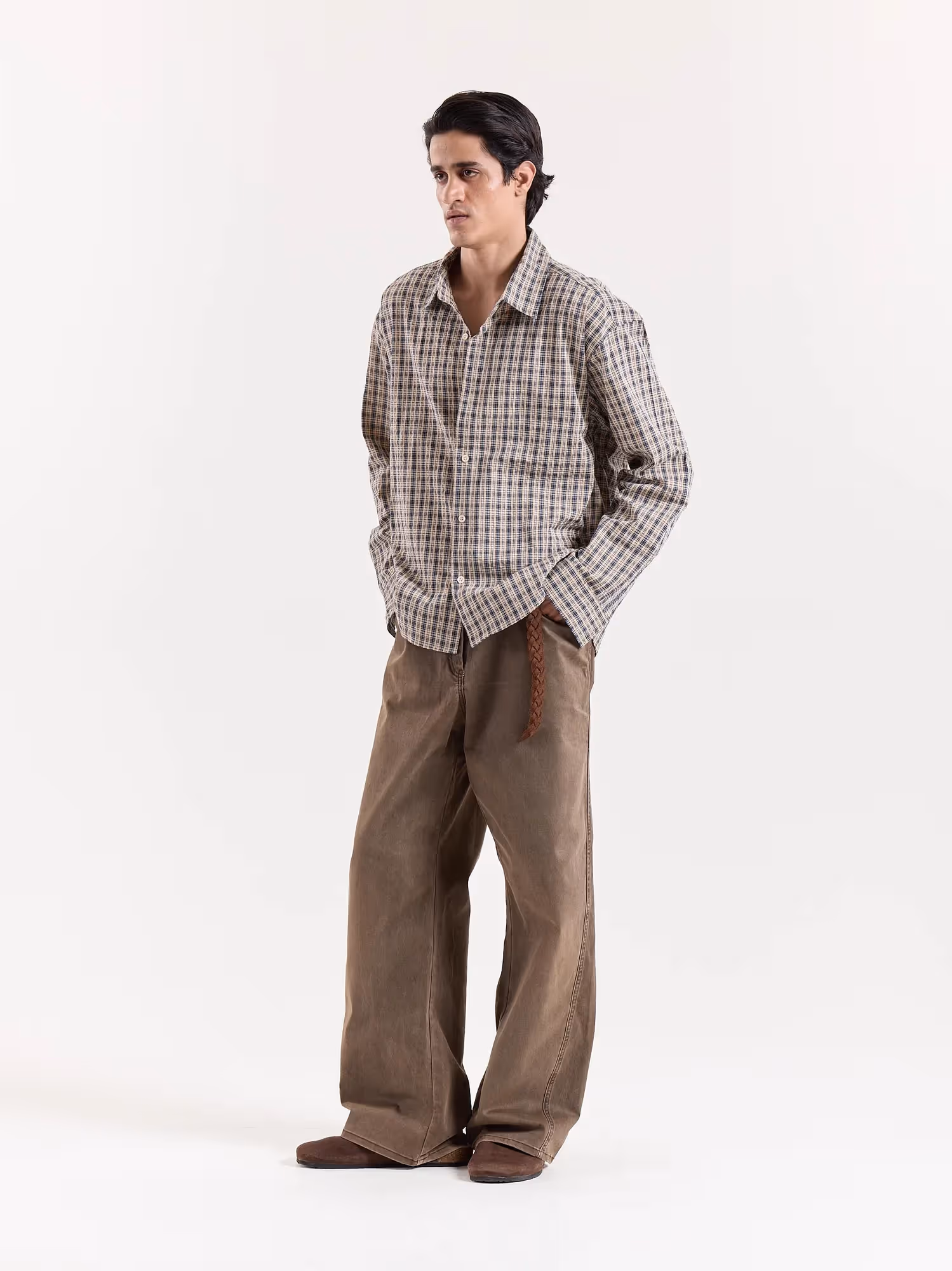 Blue & Beige Checkered Cropped Shirt image 8