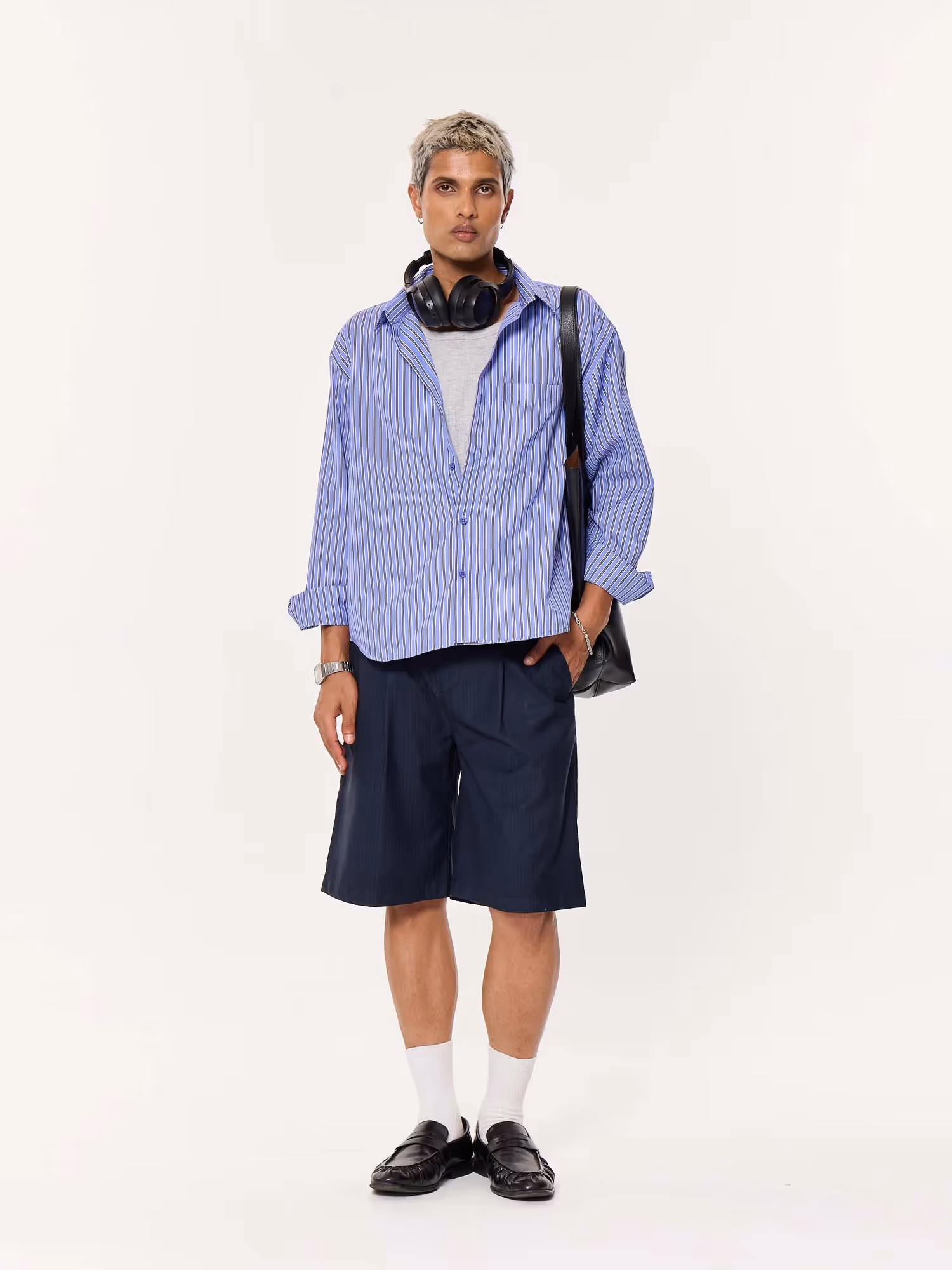 Blue and Black Striped Oversized Cropped Shirt image 1