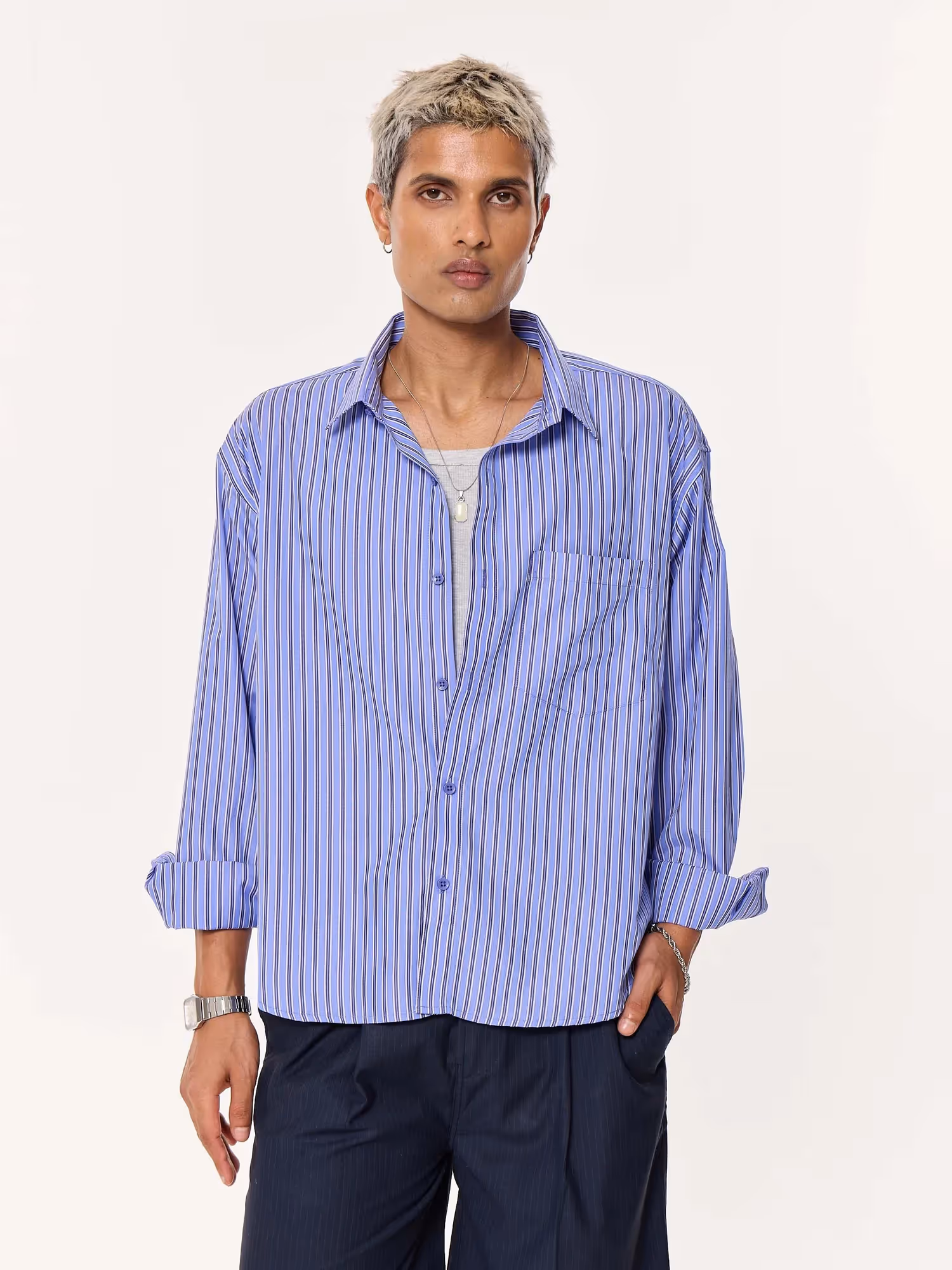 Blue and Black Striped Oversized Cropped Shirt image 3