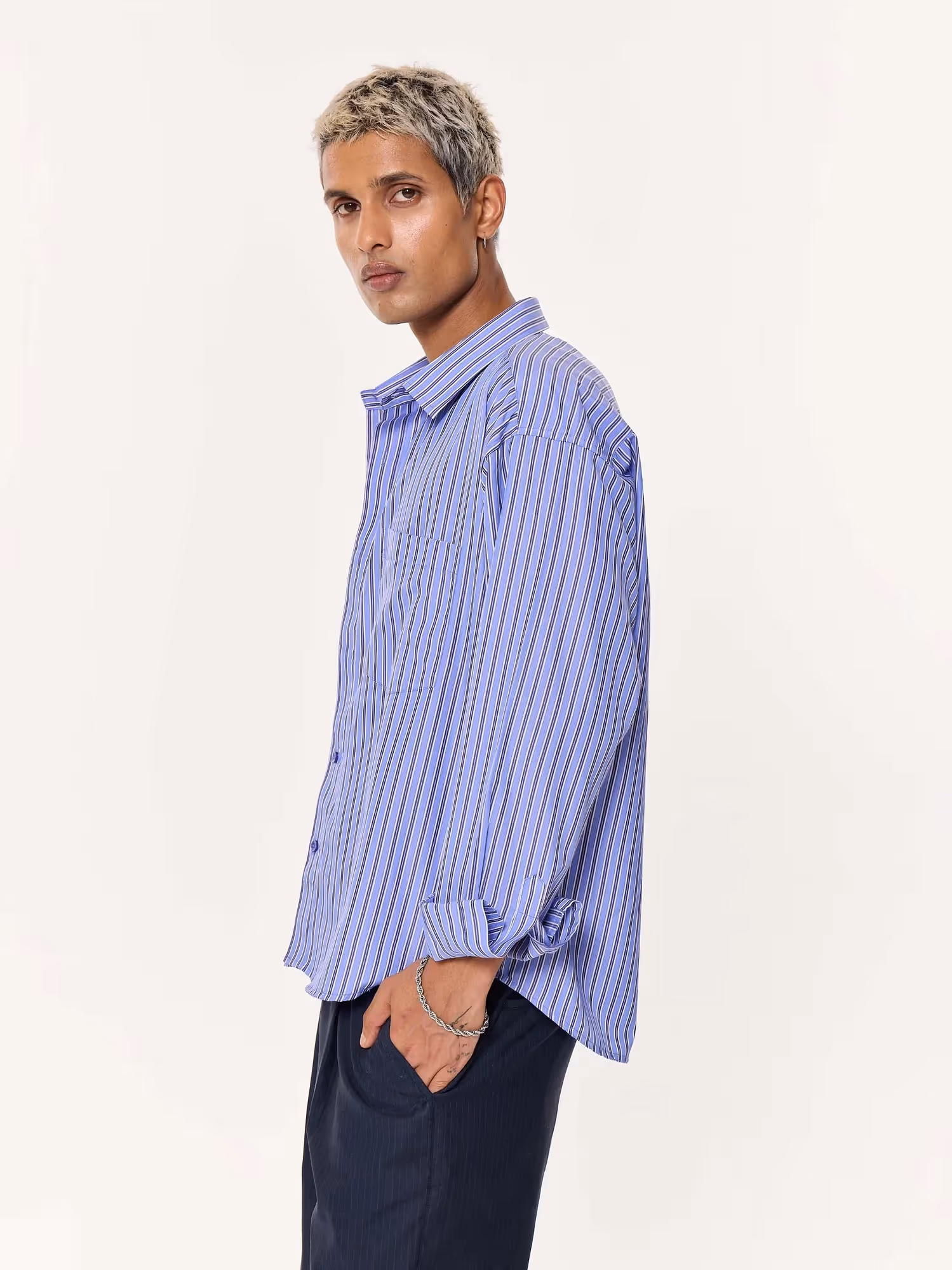 Blue and Black Striped Oversized Cropped Shirt image 5