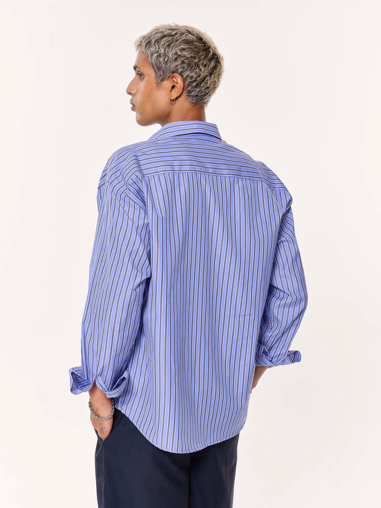 Blue and Black Striped Oversized Cropped Shirt image 7