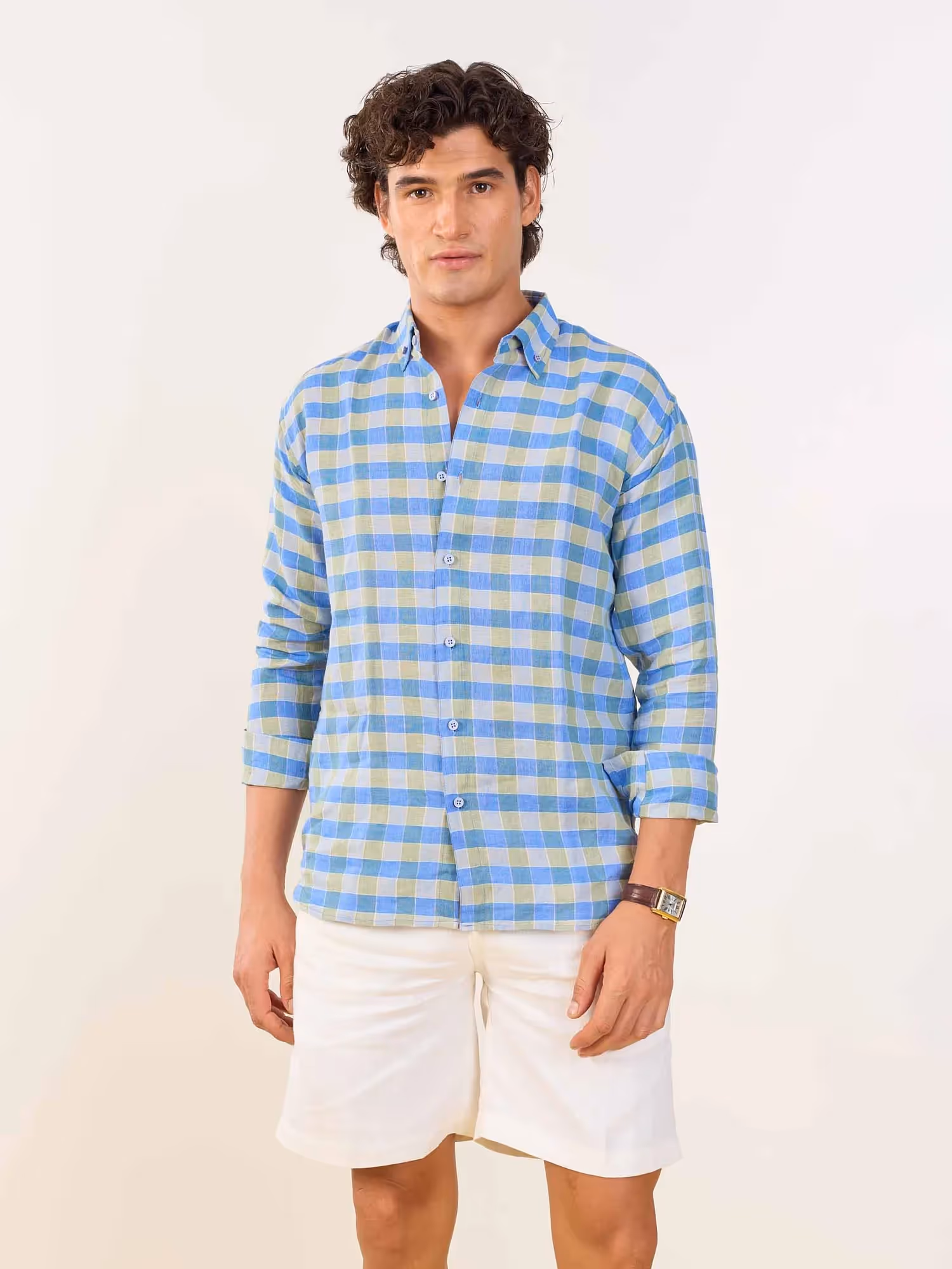 Blue & Green Checked Irish Linen Shirt image 1