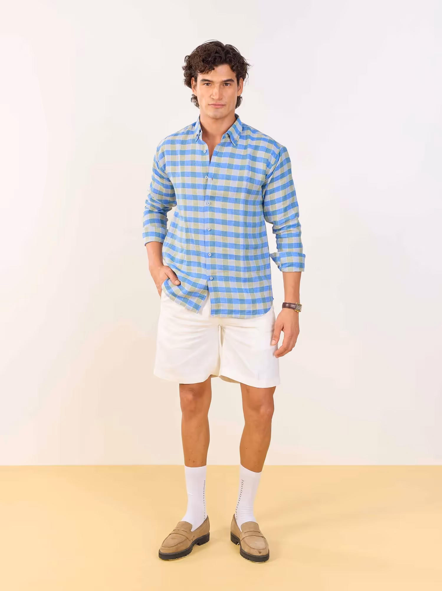 Blue & Green Checked Irish Linen Shirt image 2