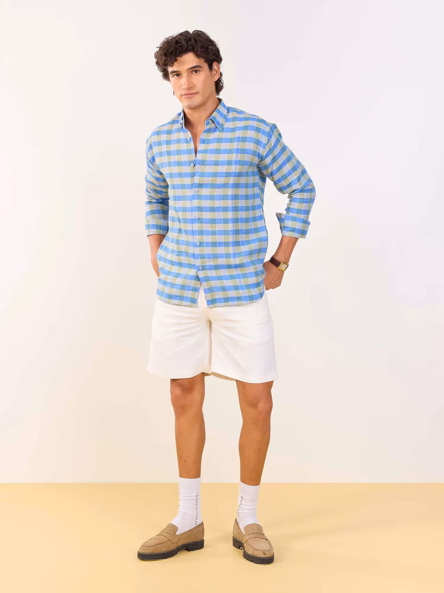 Blue & Green Checked Irish Linen Shirt image 3