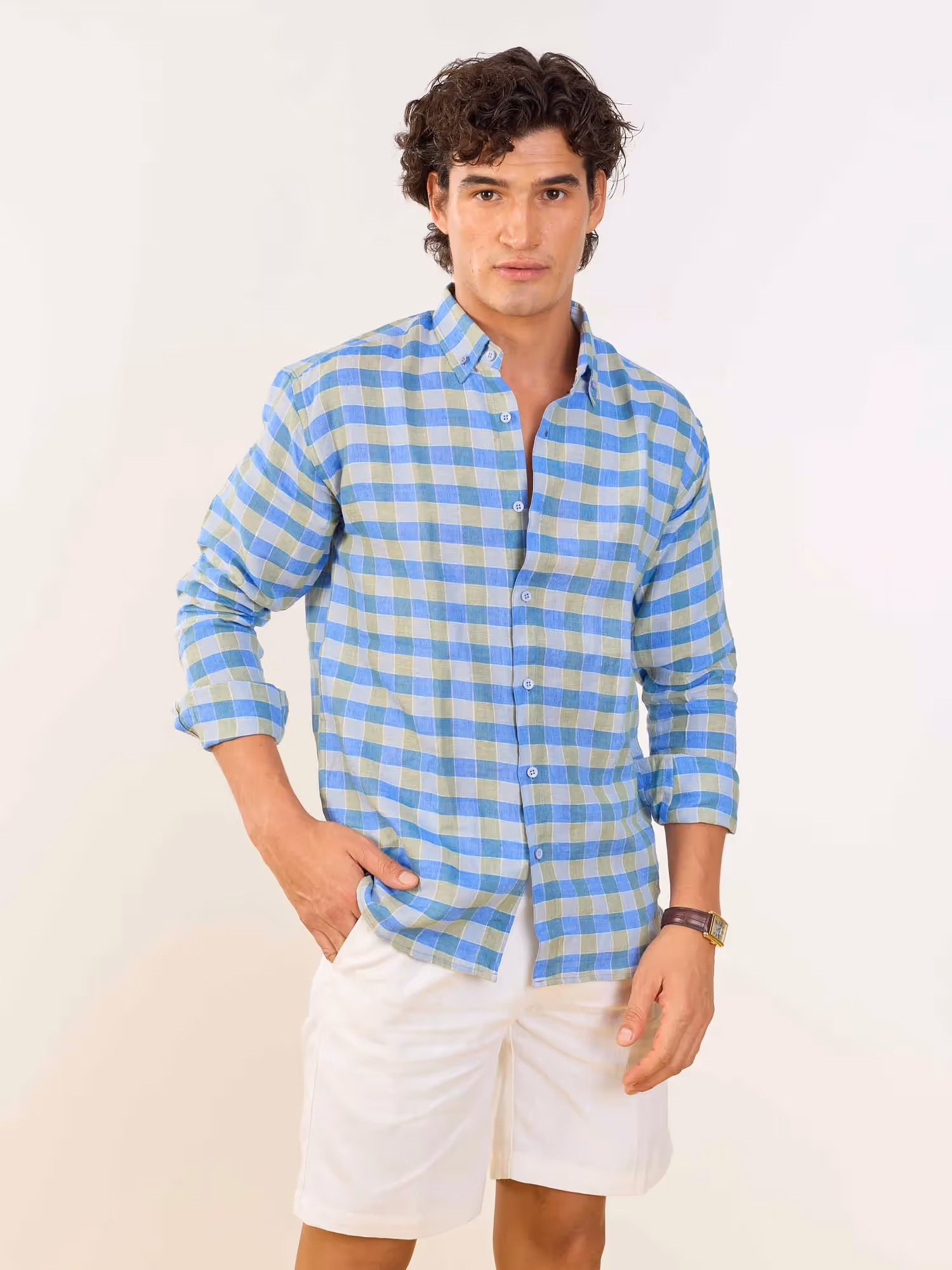 Blue & Green Checked Irish Linen Shirt image 4