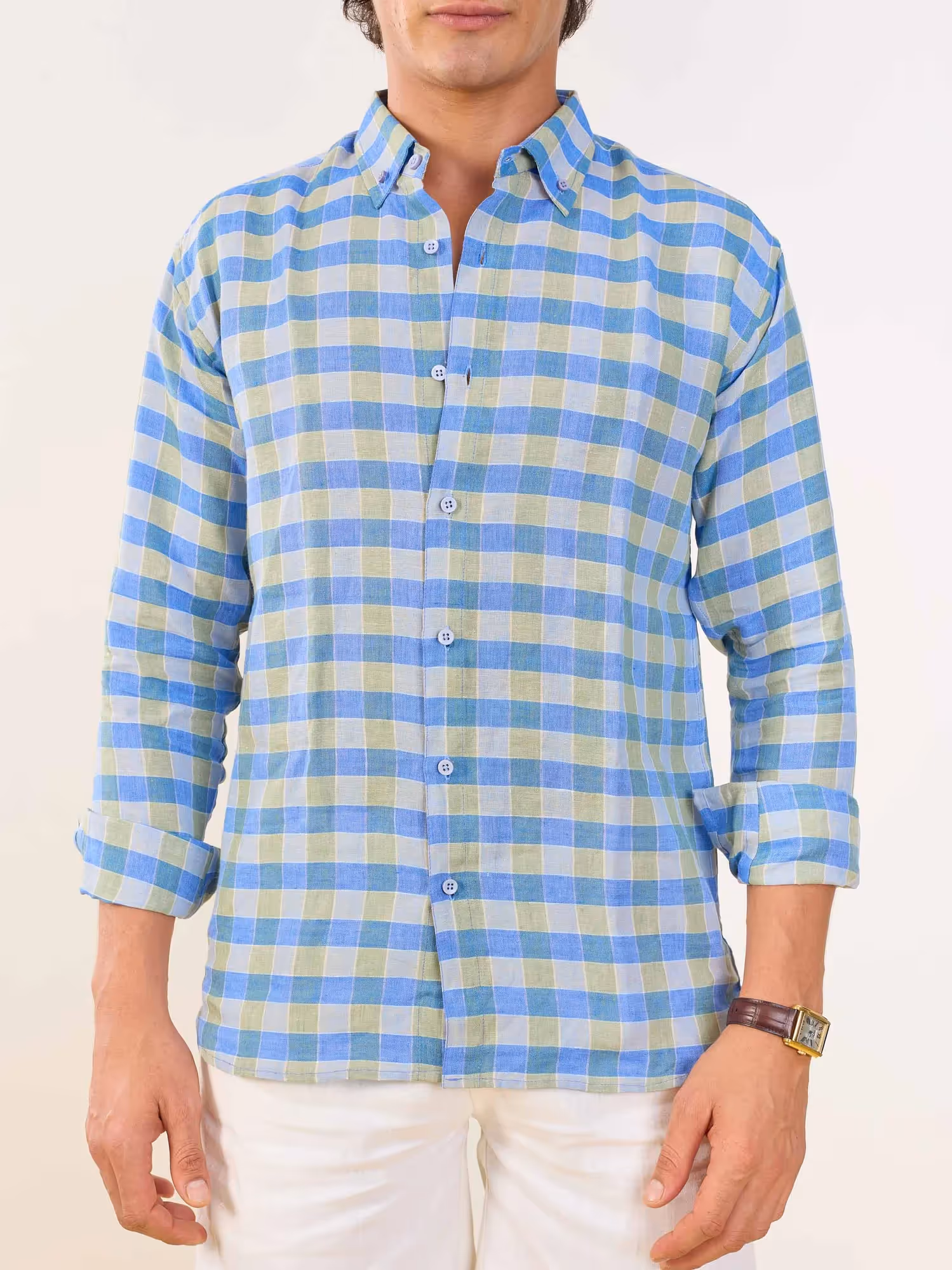 Blue & Green Checked Irish Linen Shirt image 6