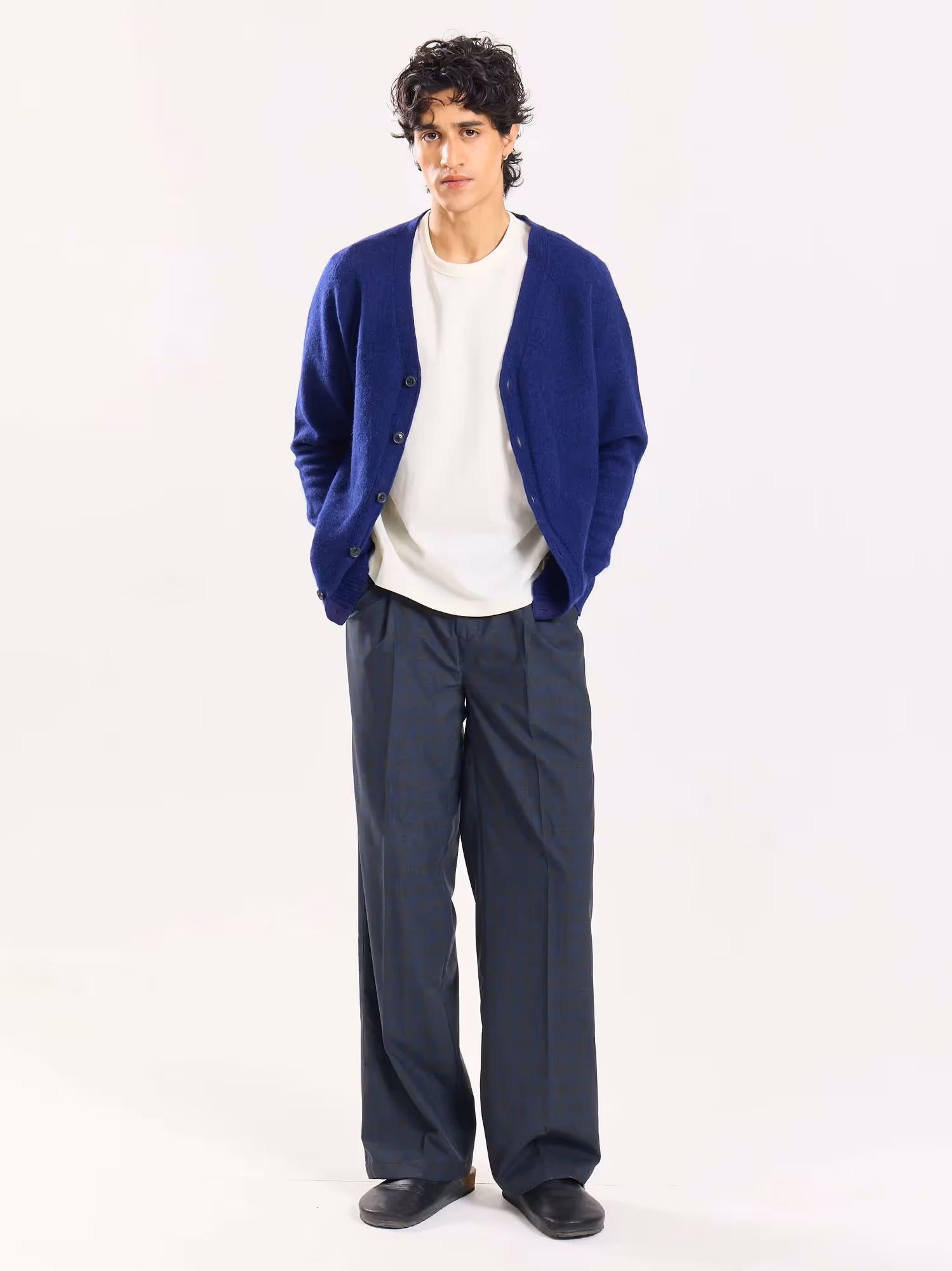 Blue & Grey Checked Baggy Fit Trousers image 5