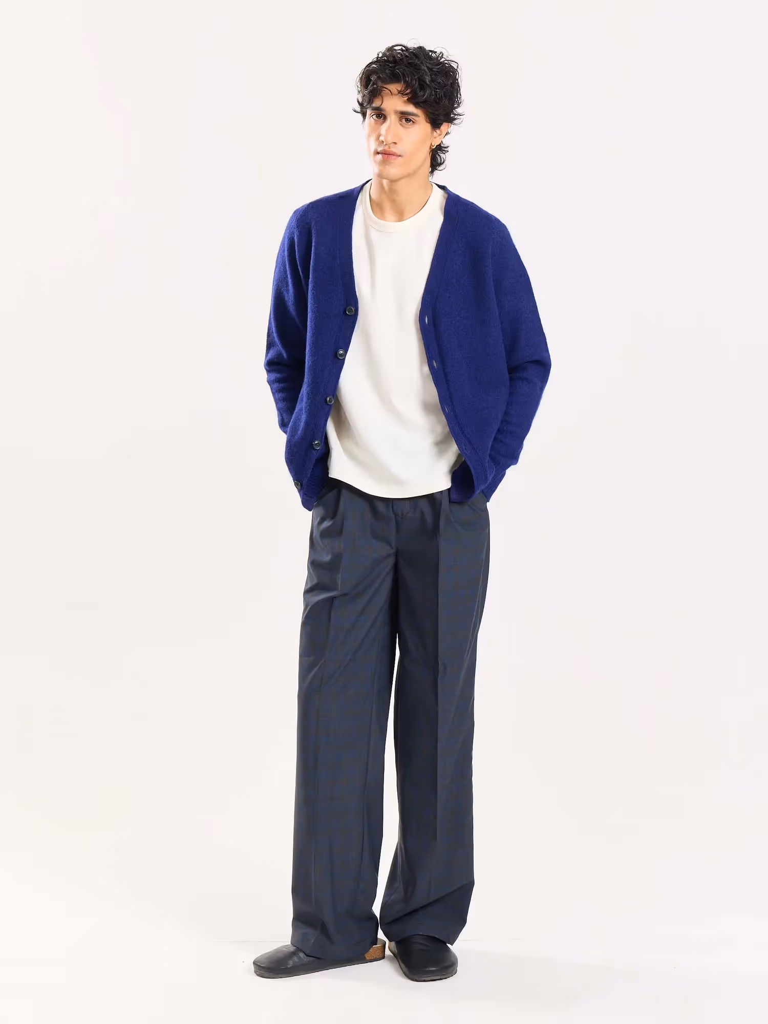 Blue & Grey Checked Baggy Fit Trousers image 6