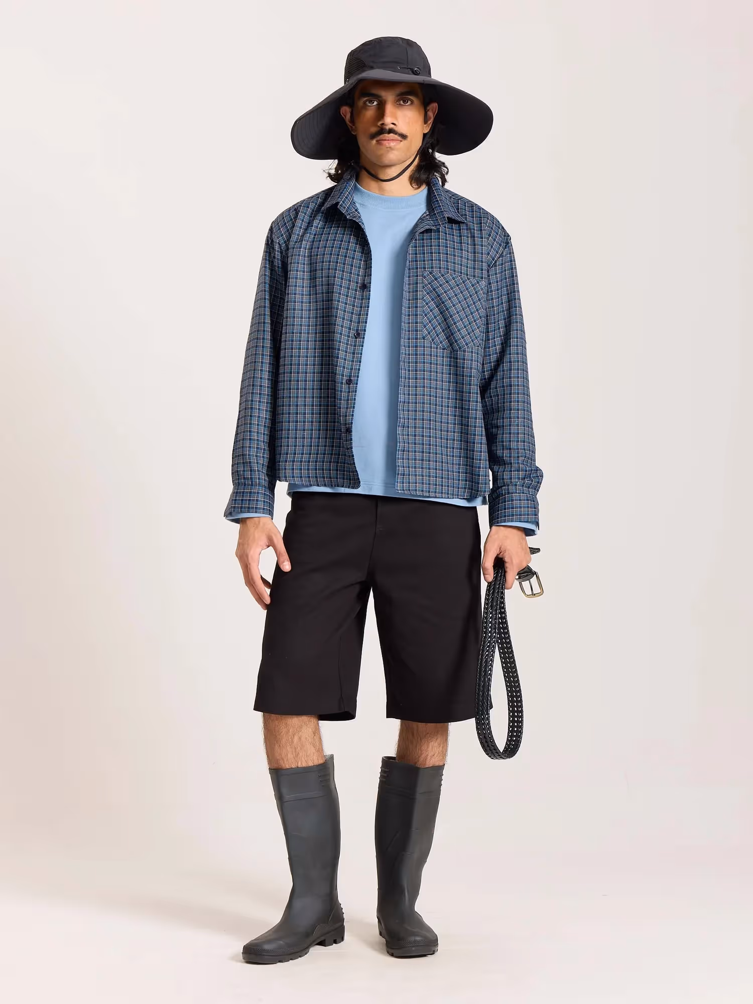 Blue & Grey Checkered Oversized Cropped Shirt  image 1