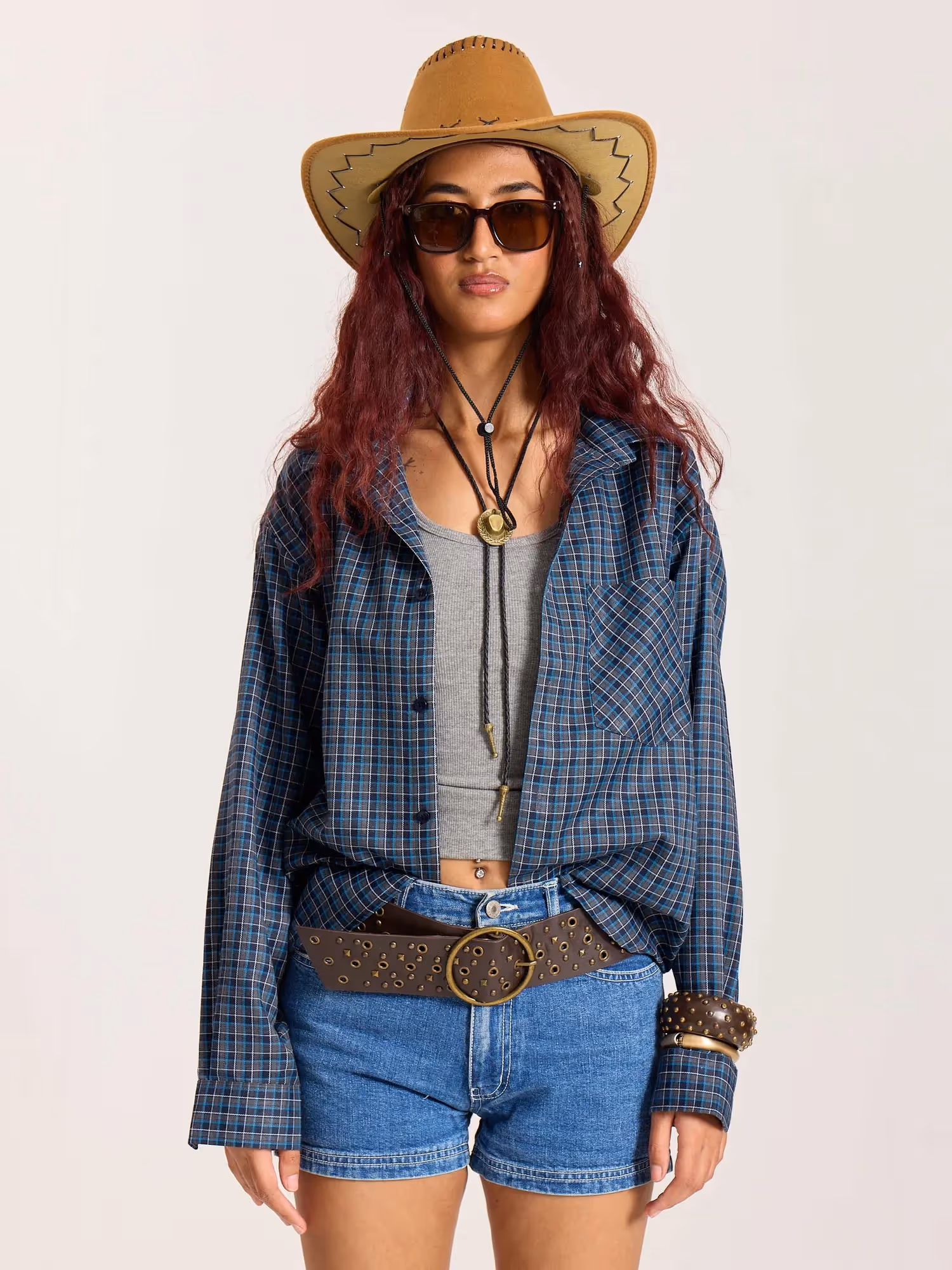 Blue & Grey Checkered Oversized Cropped Shirt  image 4