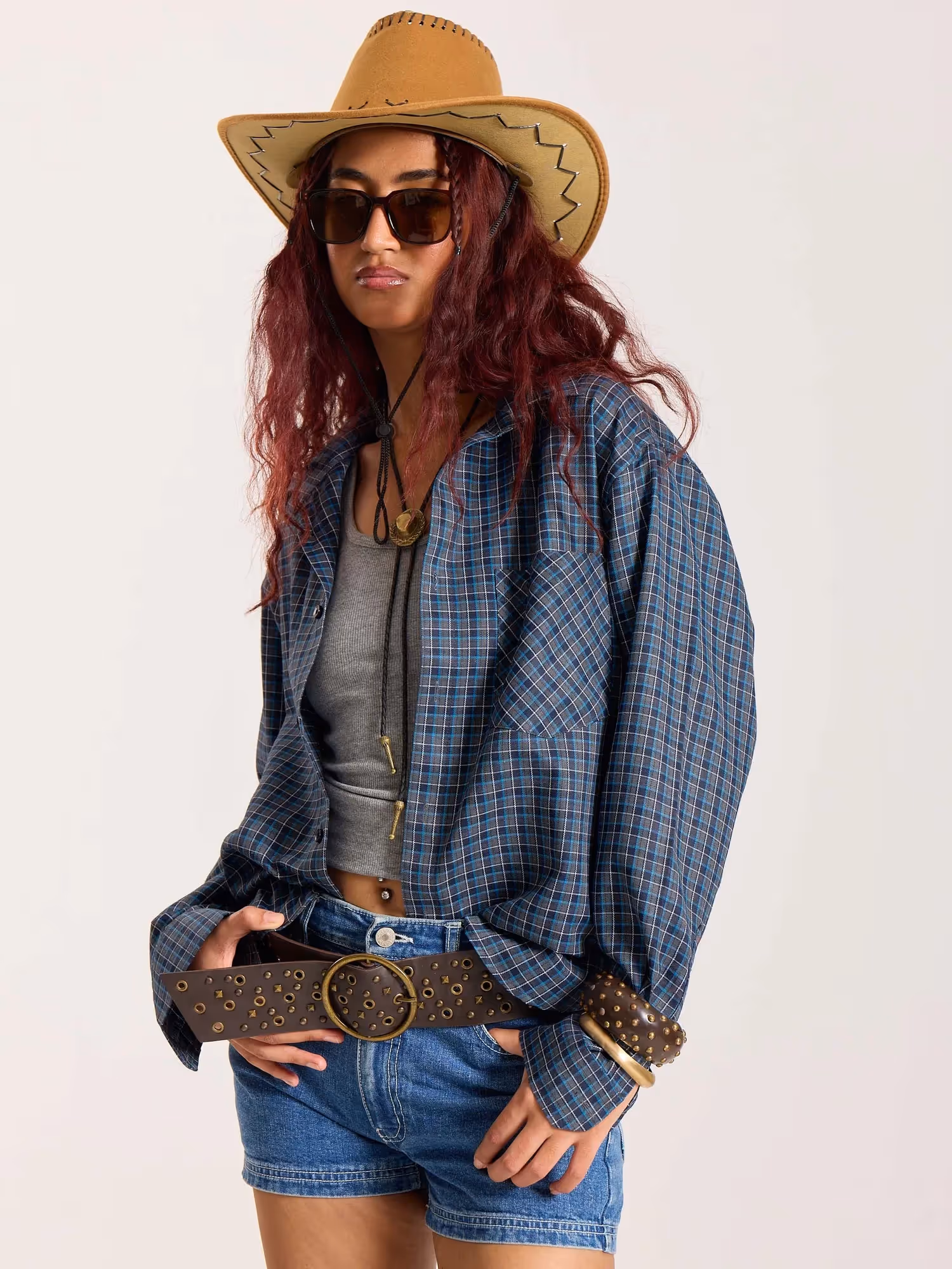 Blue & Grey Checkered Oversized Cropped Shirt  image 6