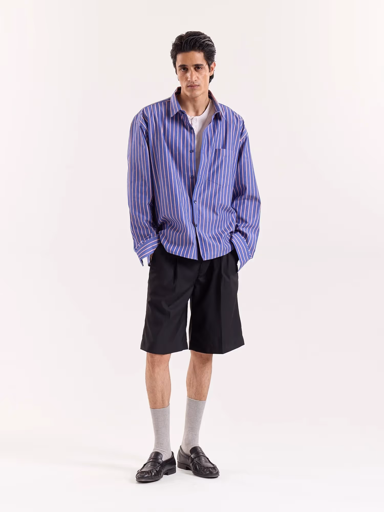 Blue & Peach Striped Poplin Cropped Shirt image 1