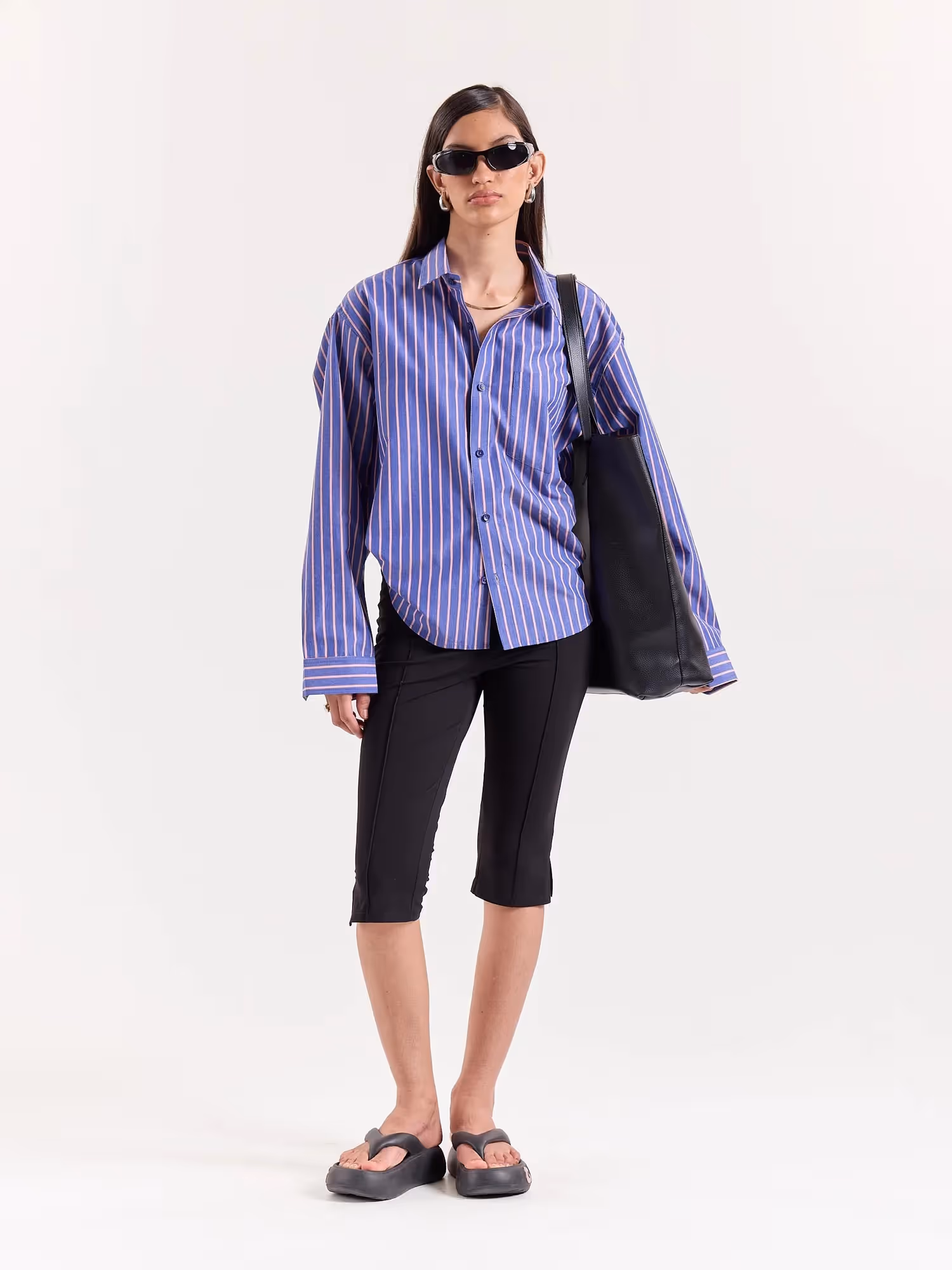 Blue & Peach Striped Poplin Cropped Shirt image 2