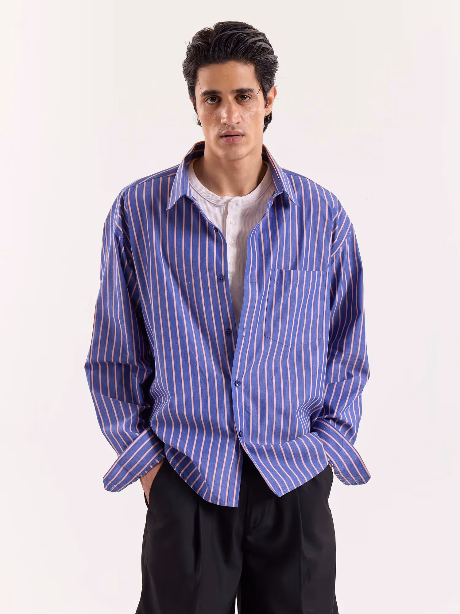 Blue & Peach Striped Poplin Cropped Shirt image 3