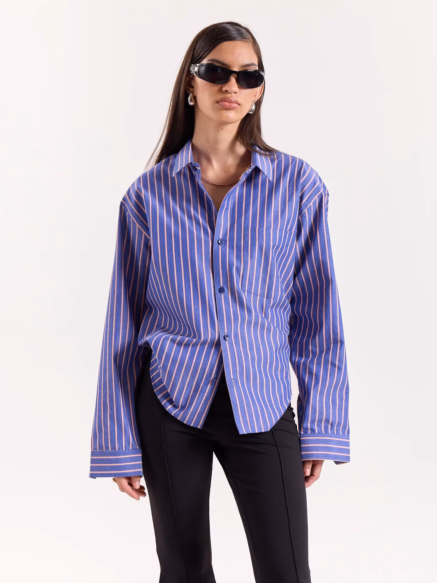 Blue & Peach Striped Poplin Cropped Shirt image 4