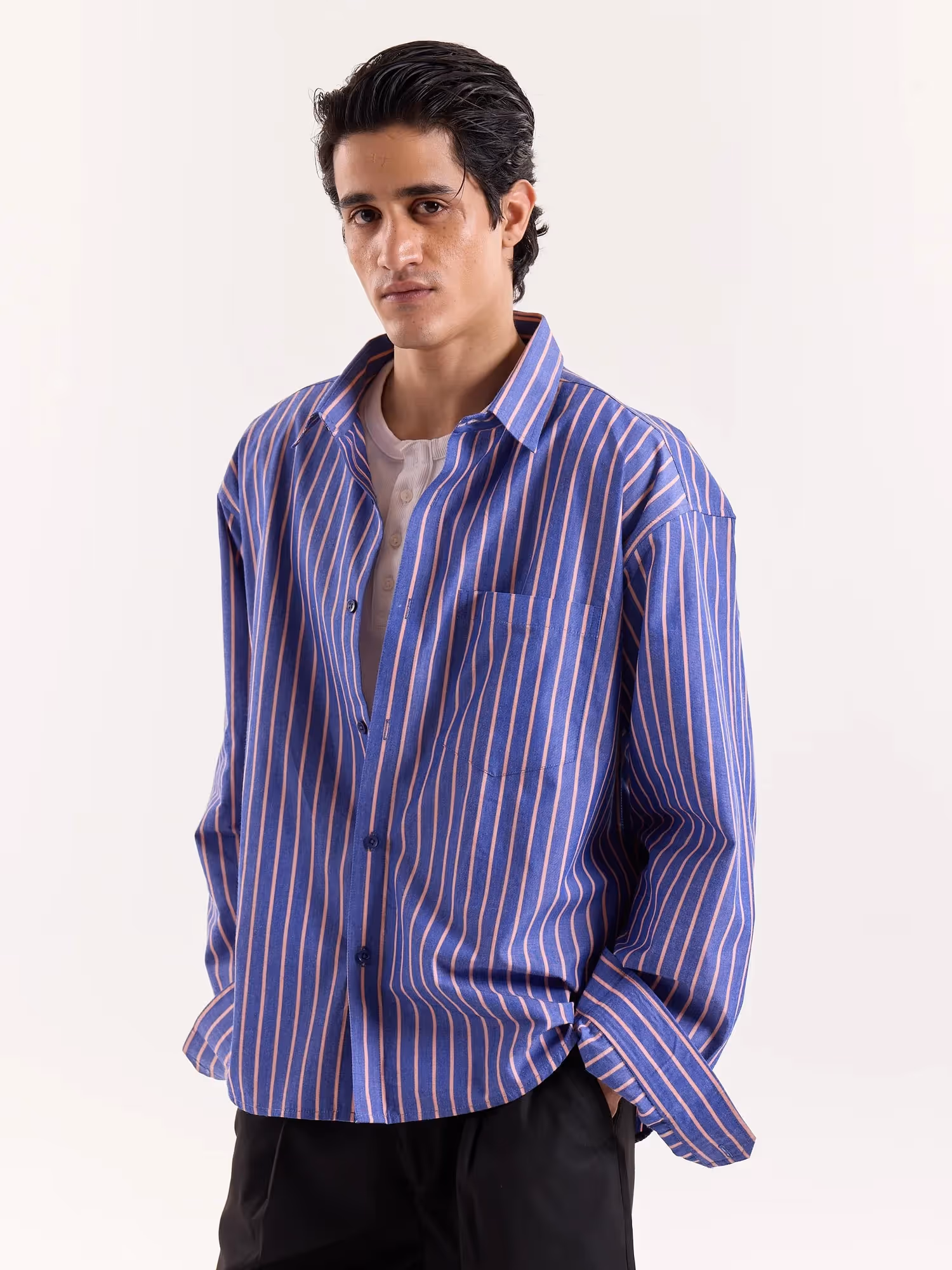 Blue & Peach Striped Poplin Cropped Shirt image 5