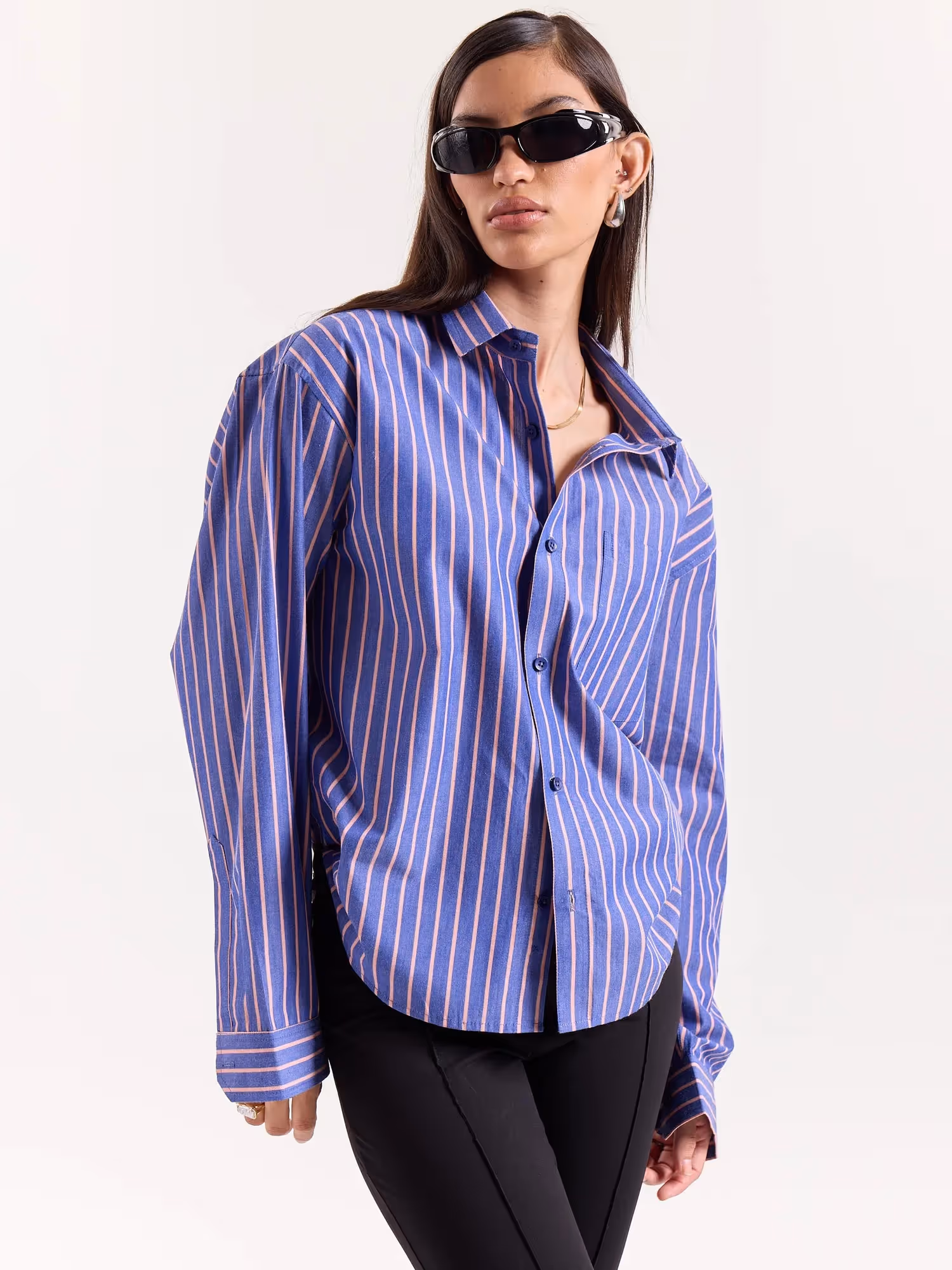 Blue & Peach Striped Poplin Cropped Shirt image 6