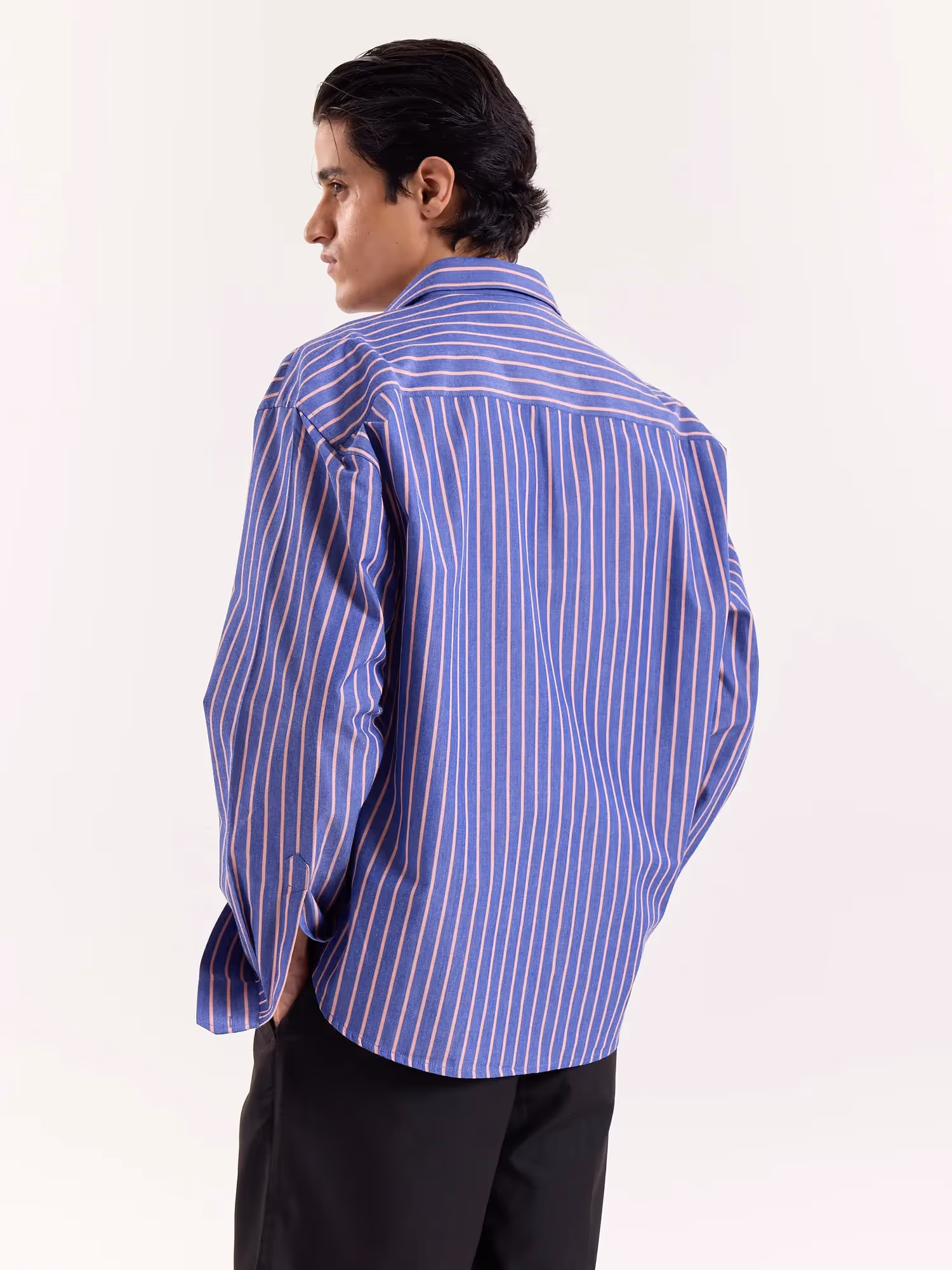 Blue & Peach Striped Poplin Cropped Shirt image 7