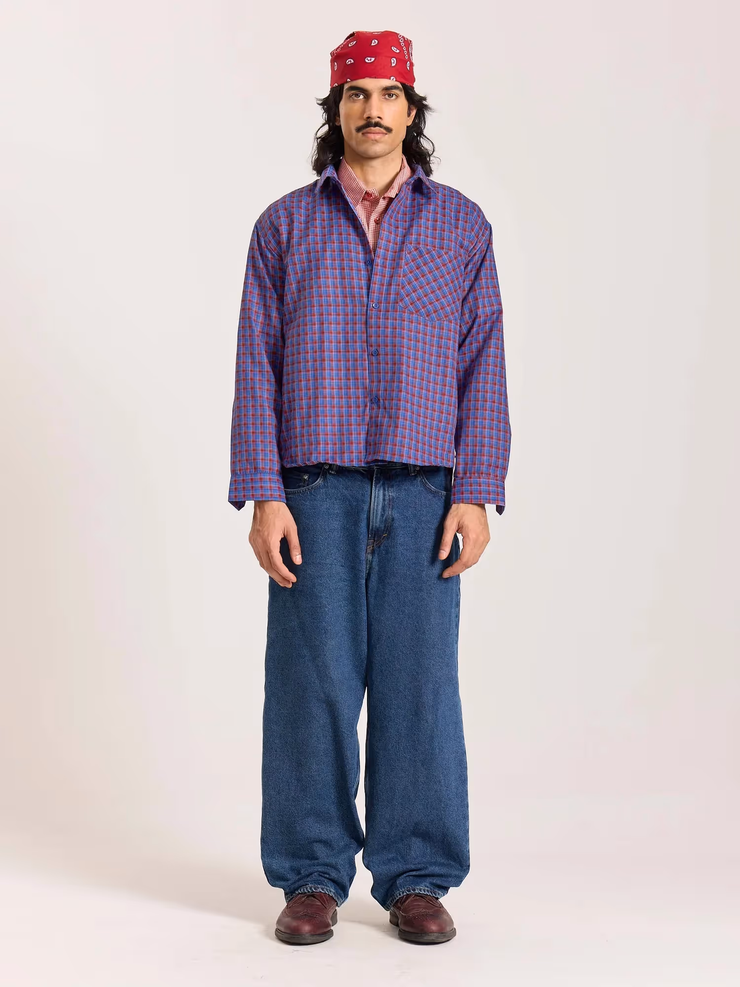 Blue & Red Checkered Oversized Cropped Shirt image 1