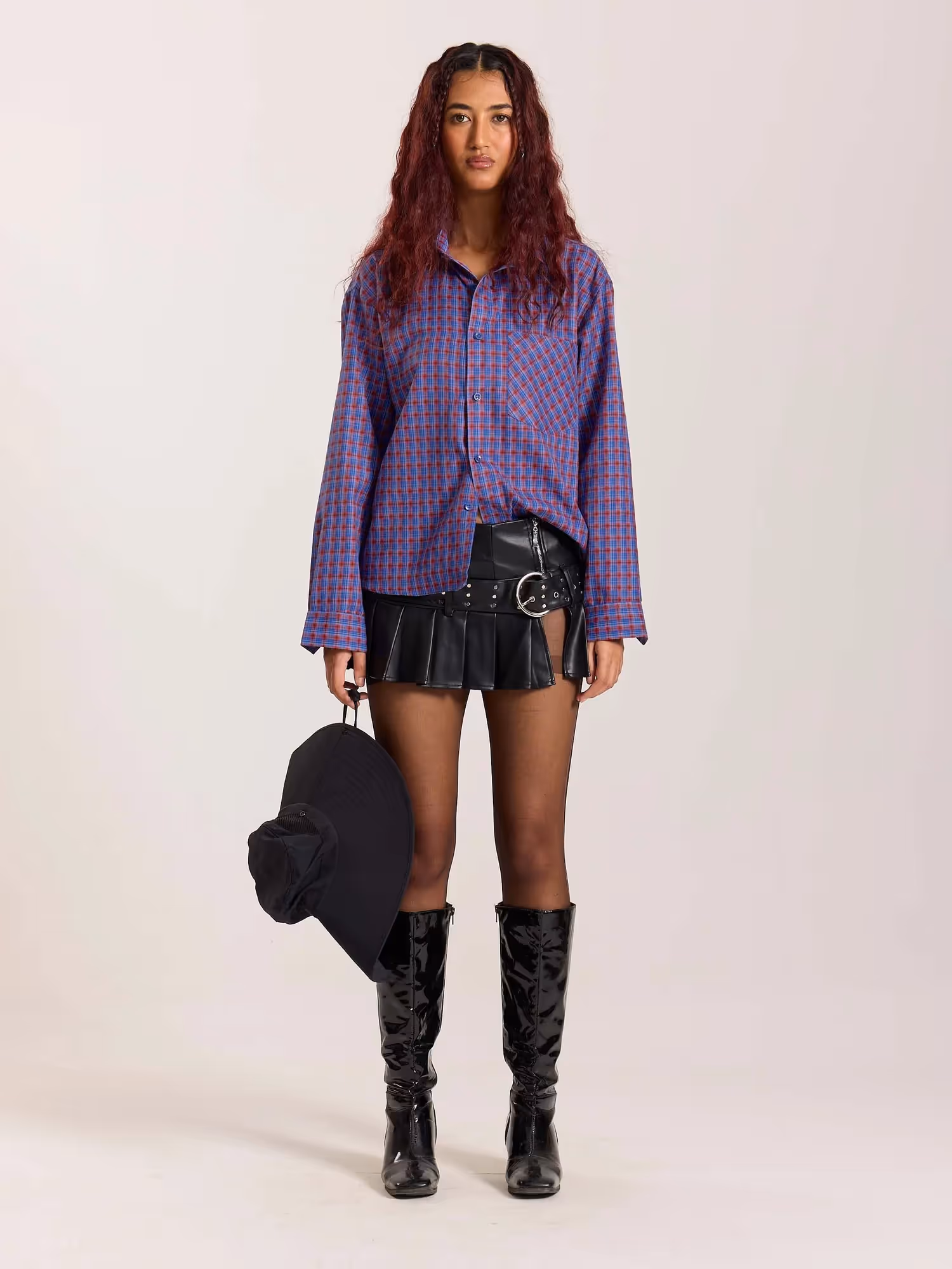Blue & Red Checkered Oversized Cropped Shirt image 2