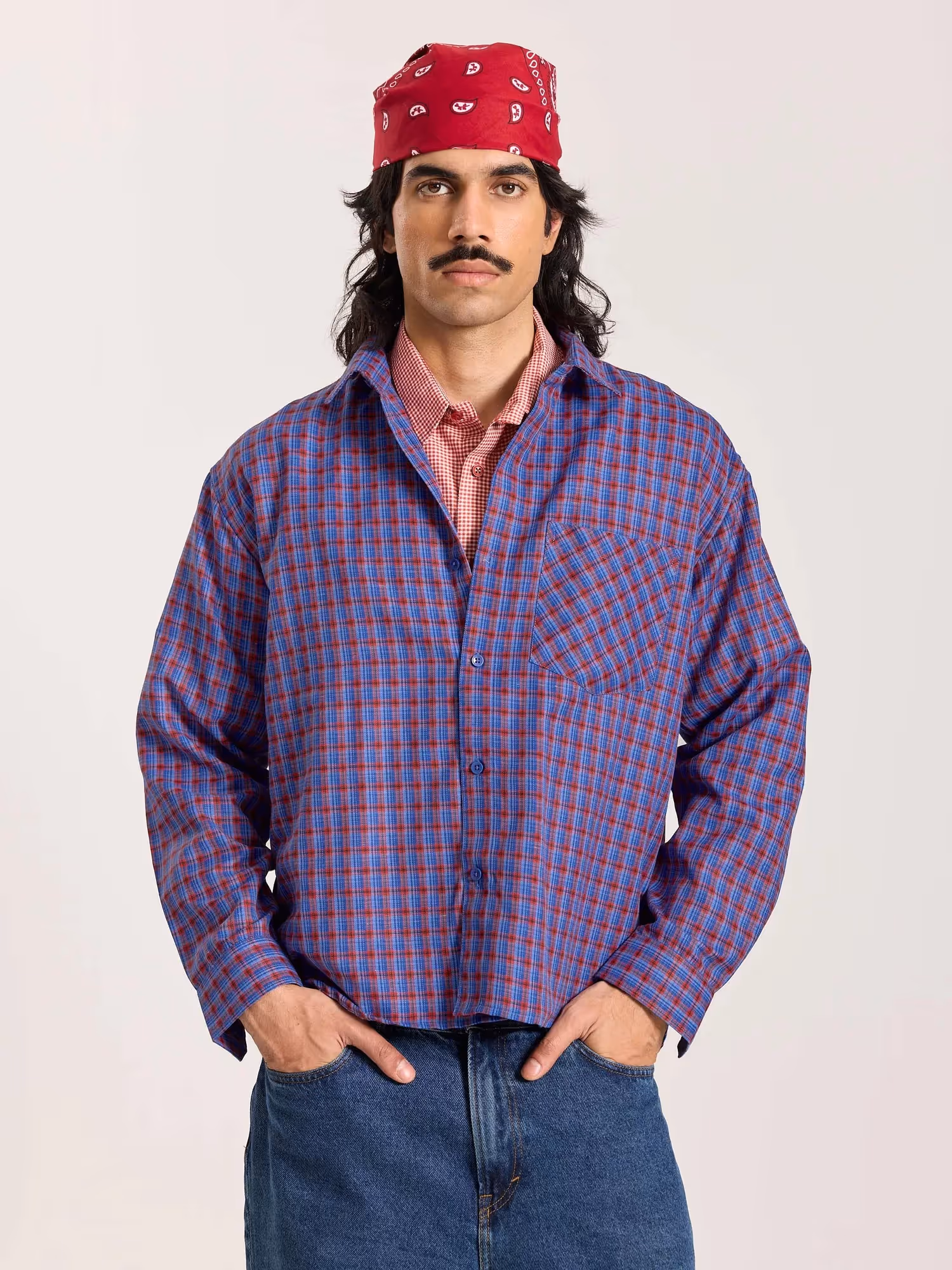Blue & Red Checkered Oversized Cropped Shirt image 3