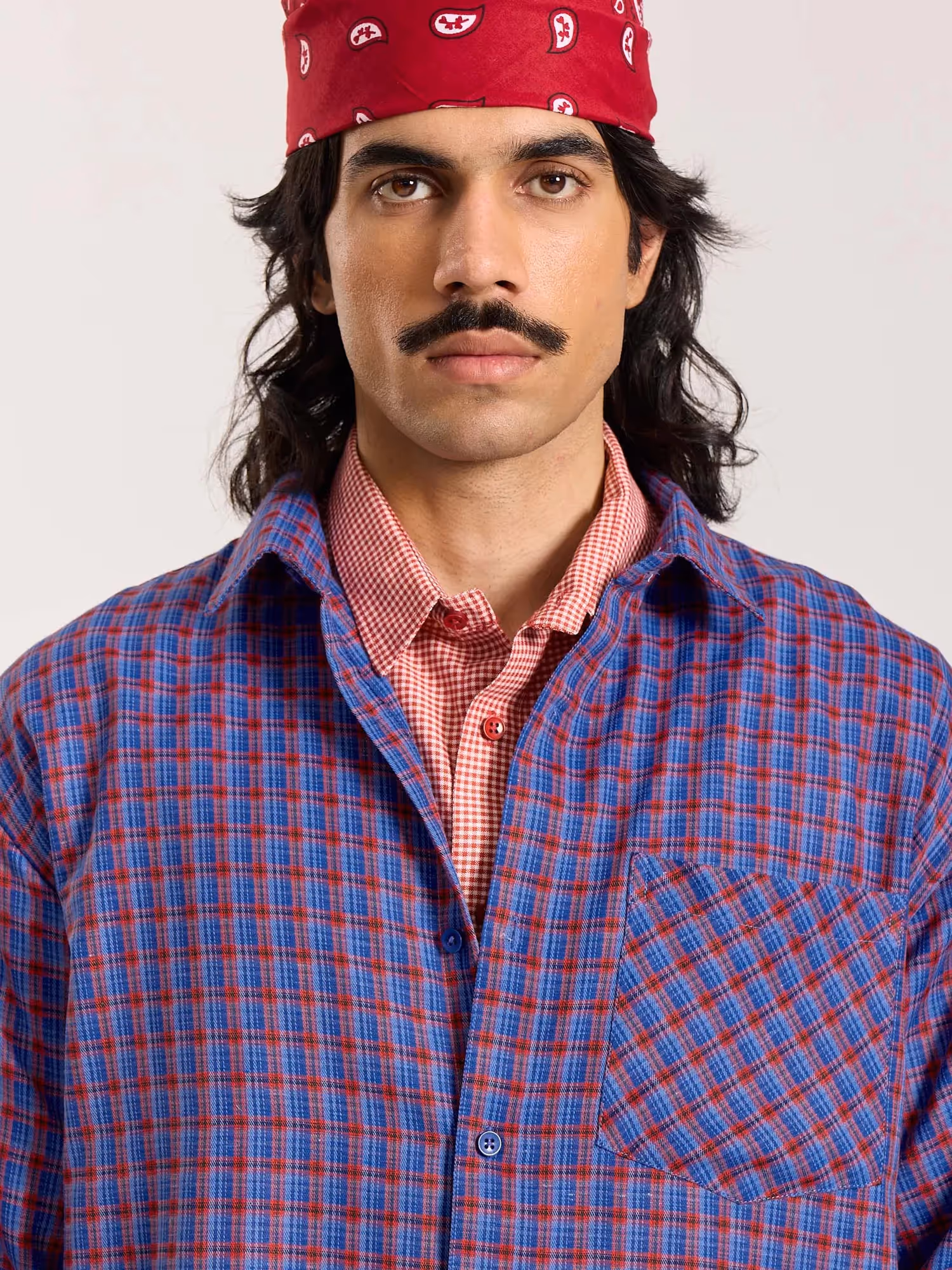 Blue & Red Checkered Oversized Cropped Shirt image 5