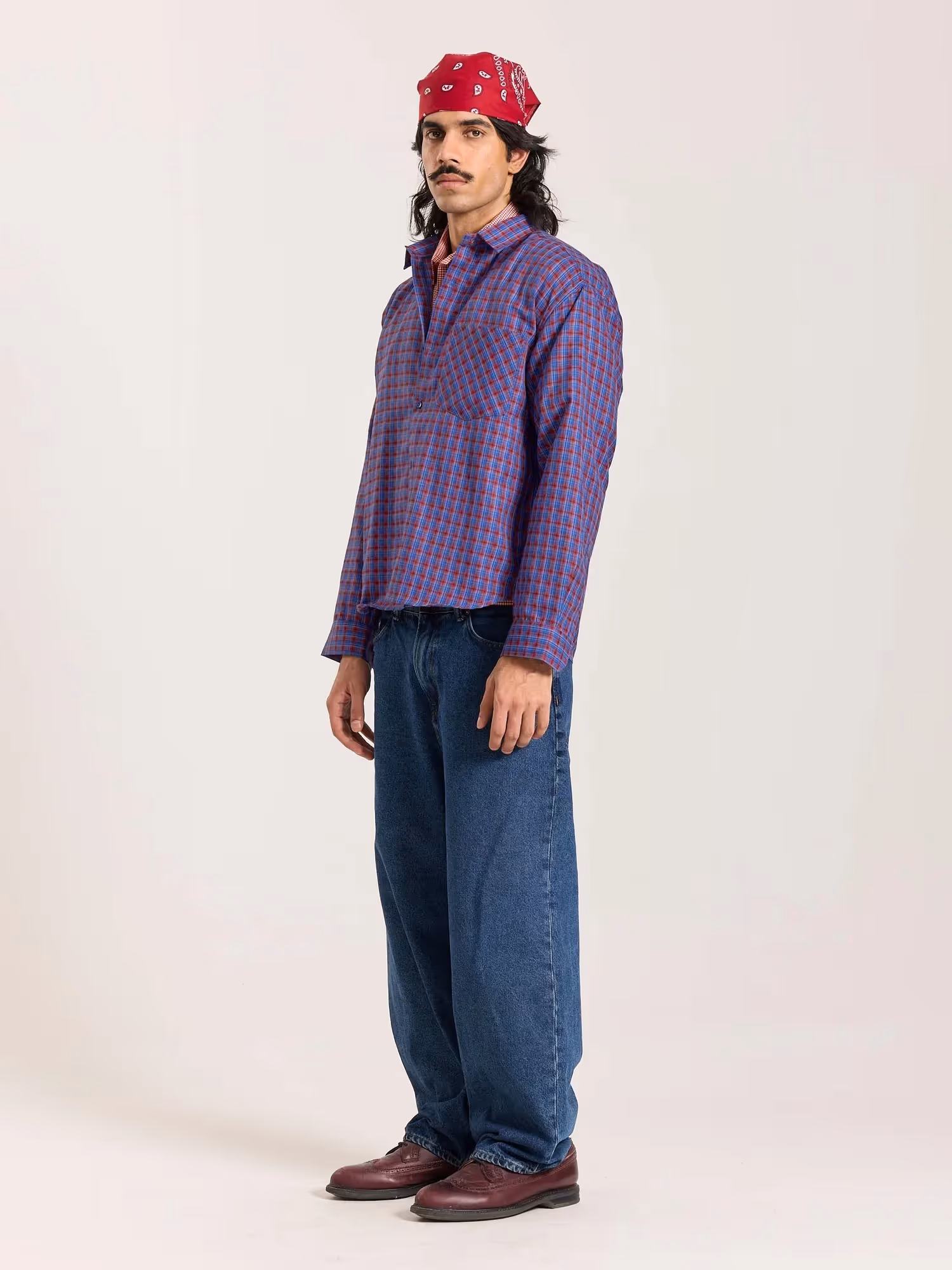 Blue & Red Checkered Oversized Cropped Shirt image 6