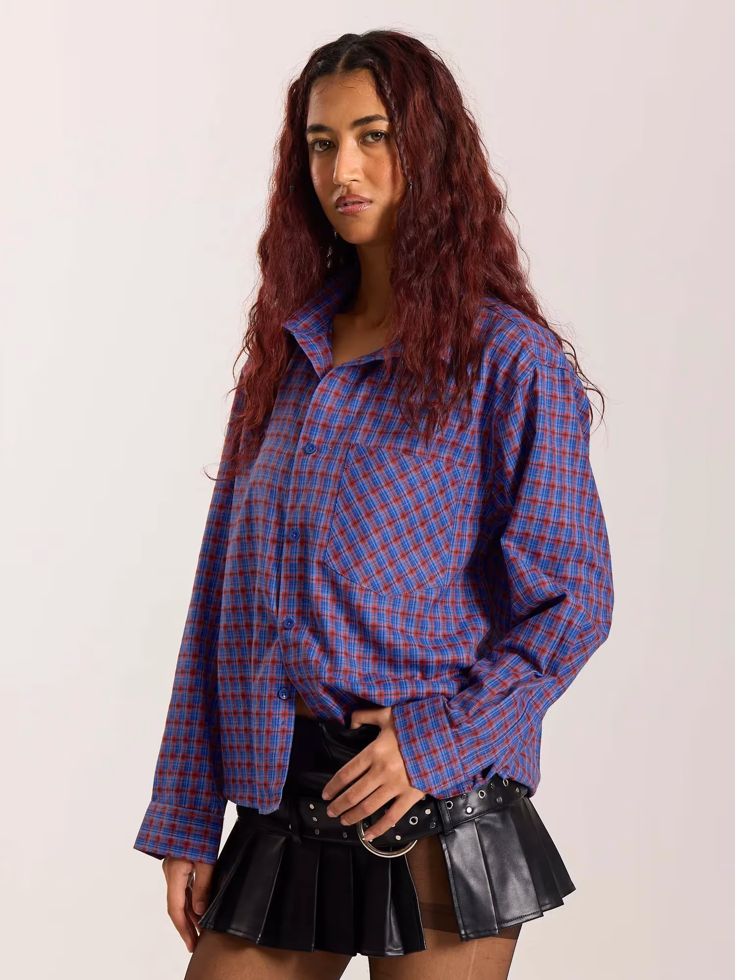 Blue & Red Checkered Oversized Cropped Shirt image 7