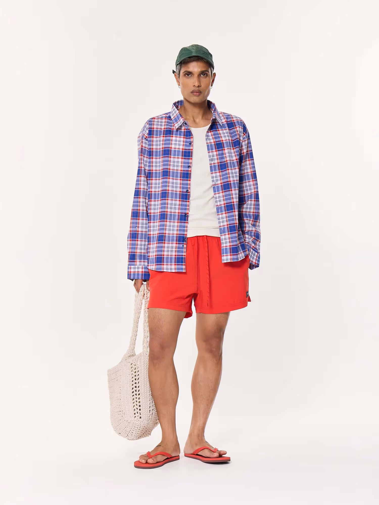 Blue & Red Madras Checkered Oversized Cropped Shirt image 1