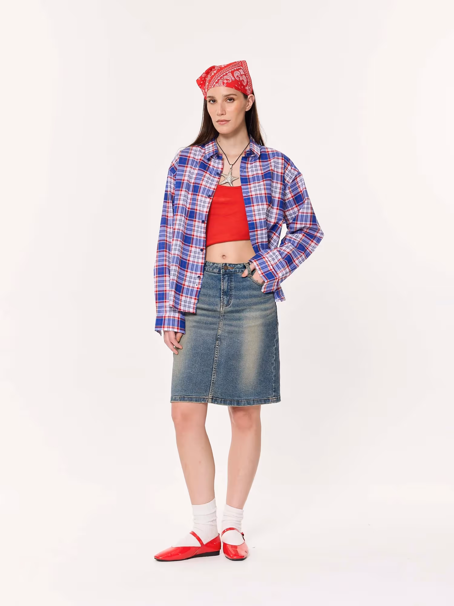Blue & Red Madras Checkered Oversized Cropped Shirt image 2