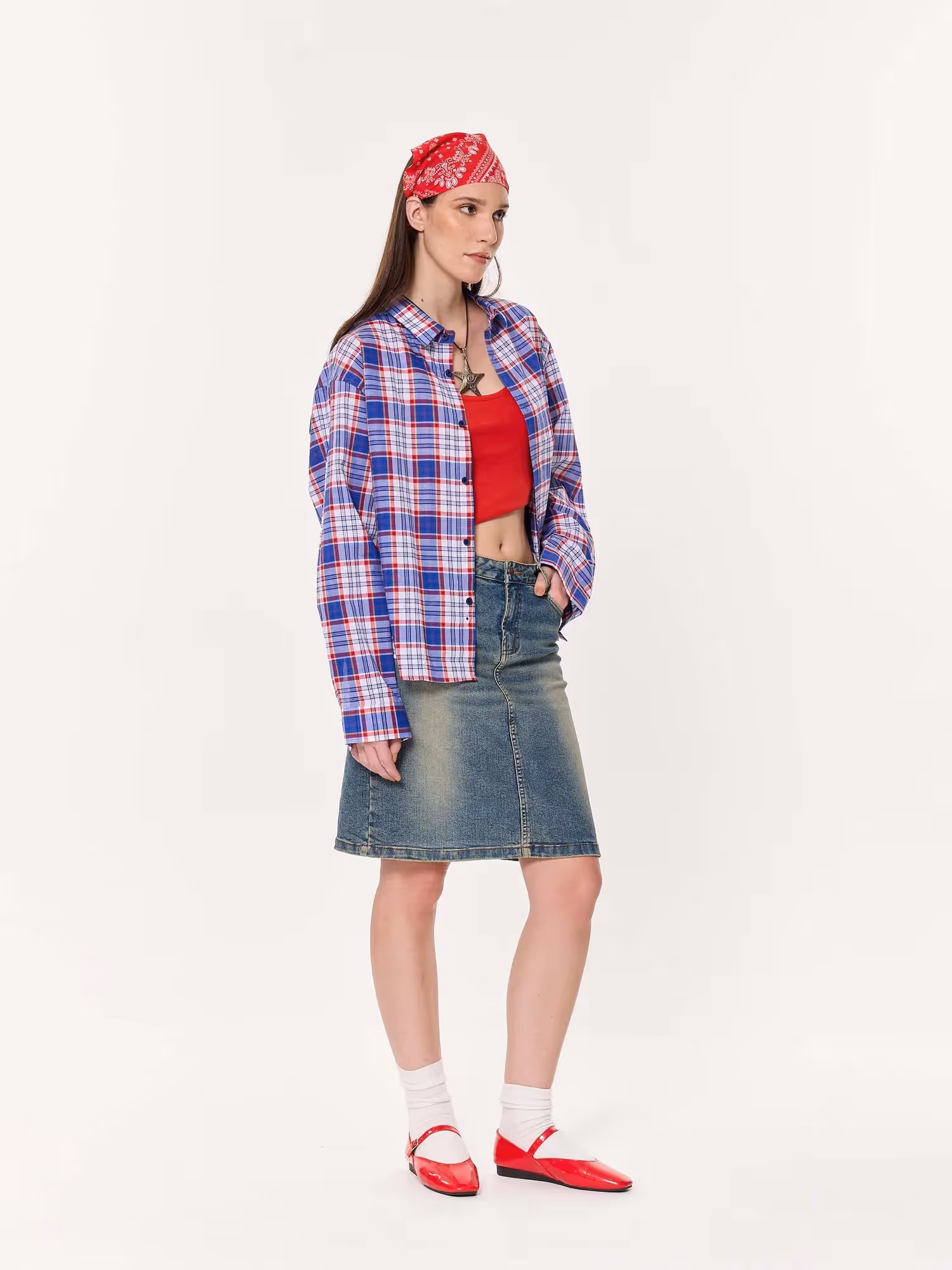Blue & Red Madras Checkered Oversized Cropped Shirt image 3