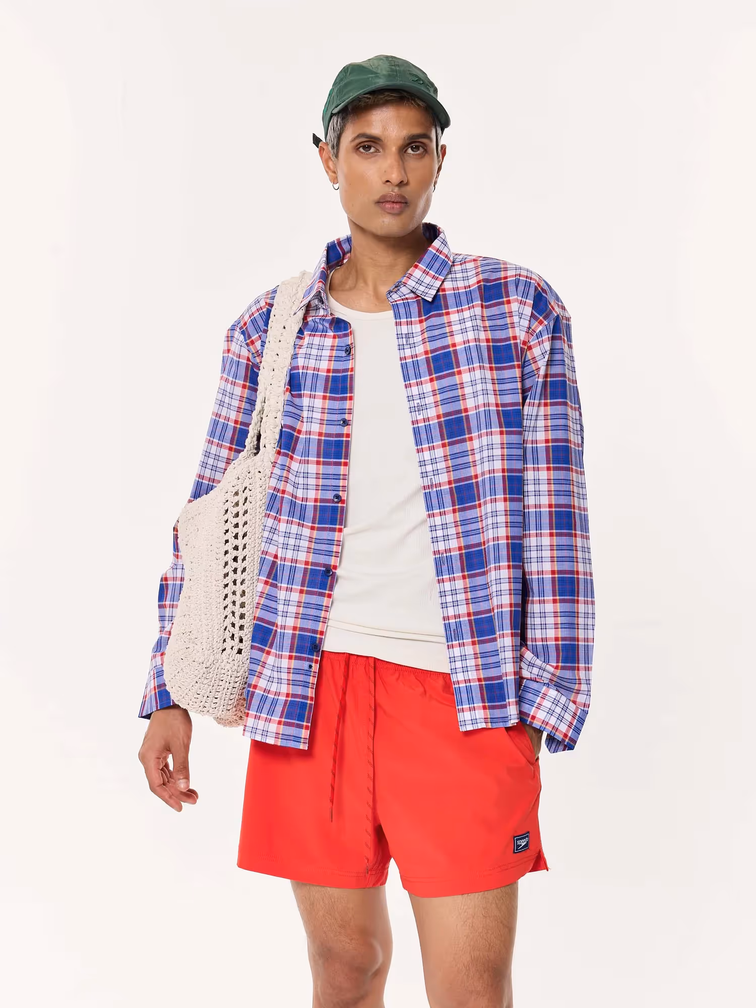 Blue & Red Madras Checkered Oversized Cropped Shirt image 4