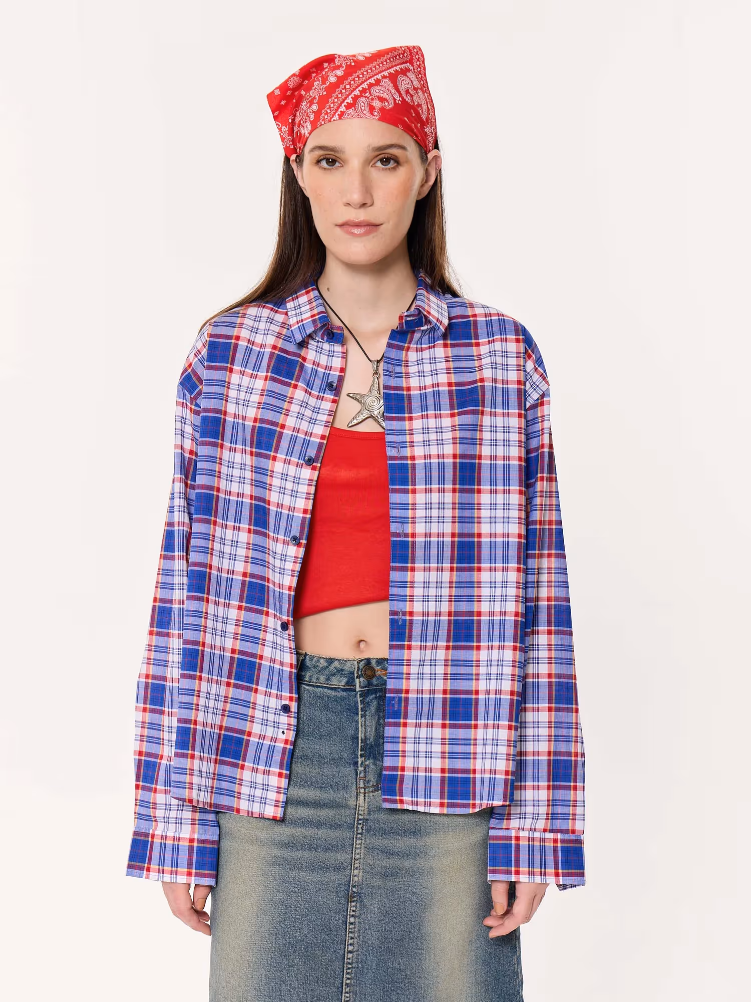 Blue & Red Madras Checkered Oversized Cropped Shirt image 5