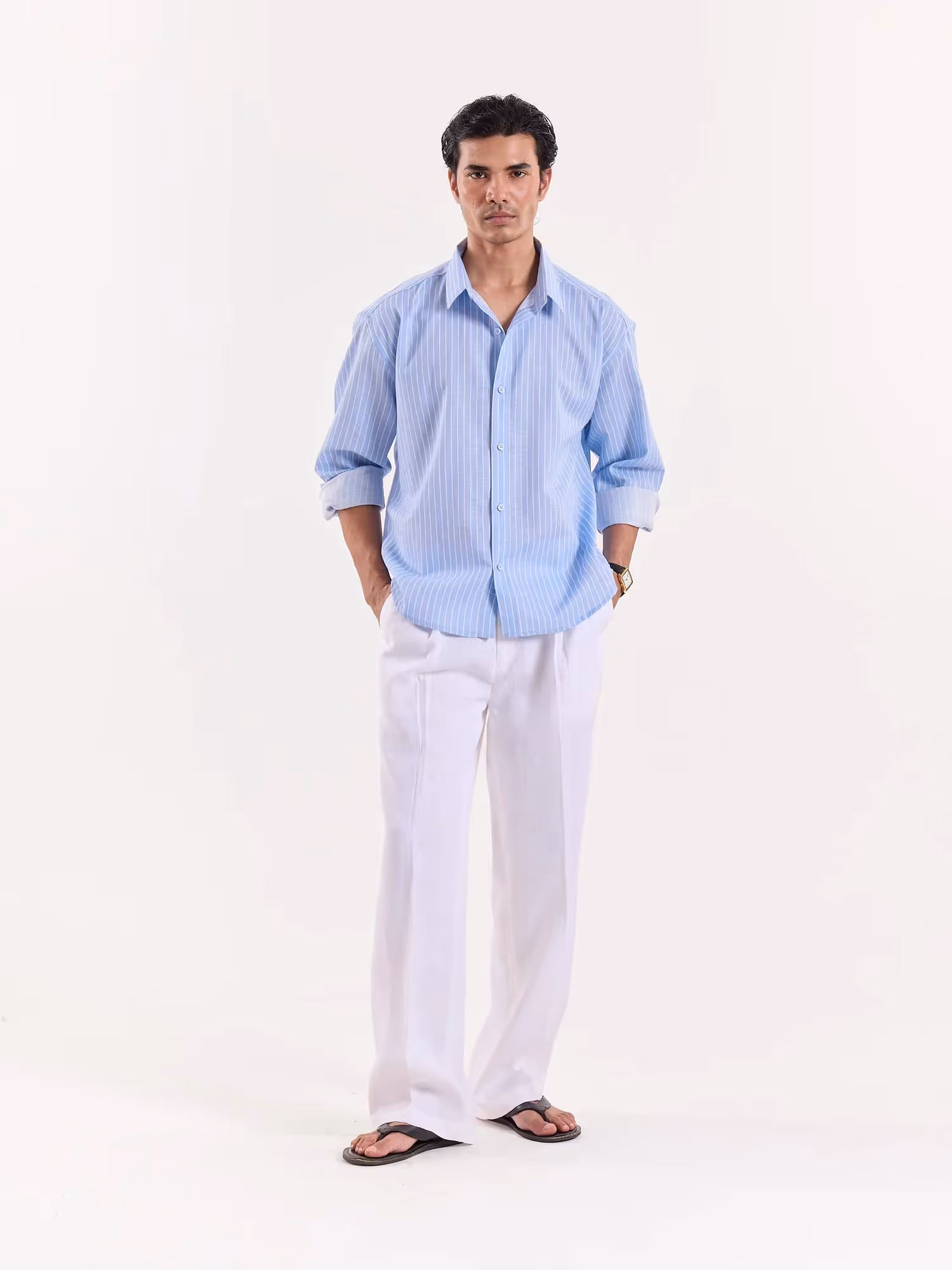 Blue & White Pinstriped Linen Cropped Shirt image 1