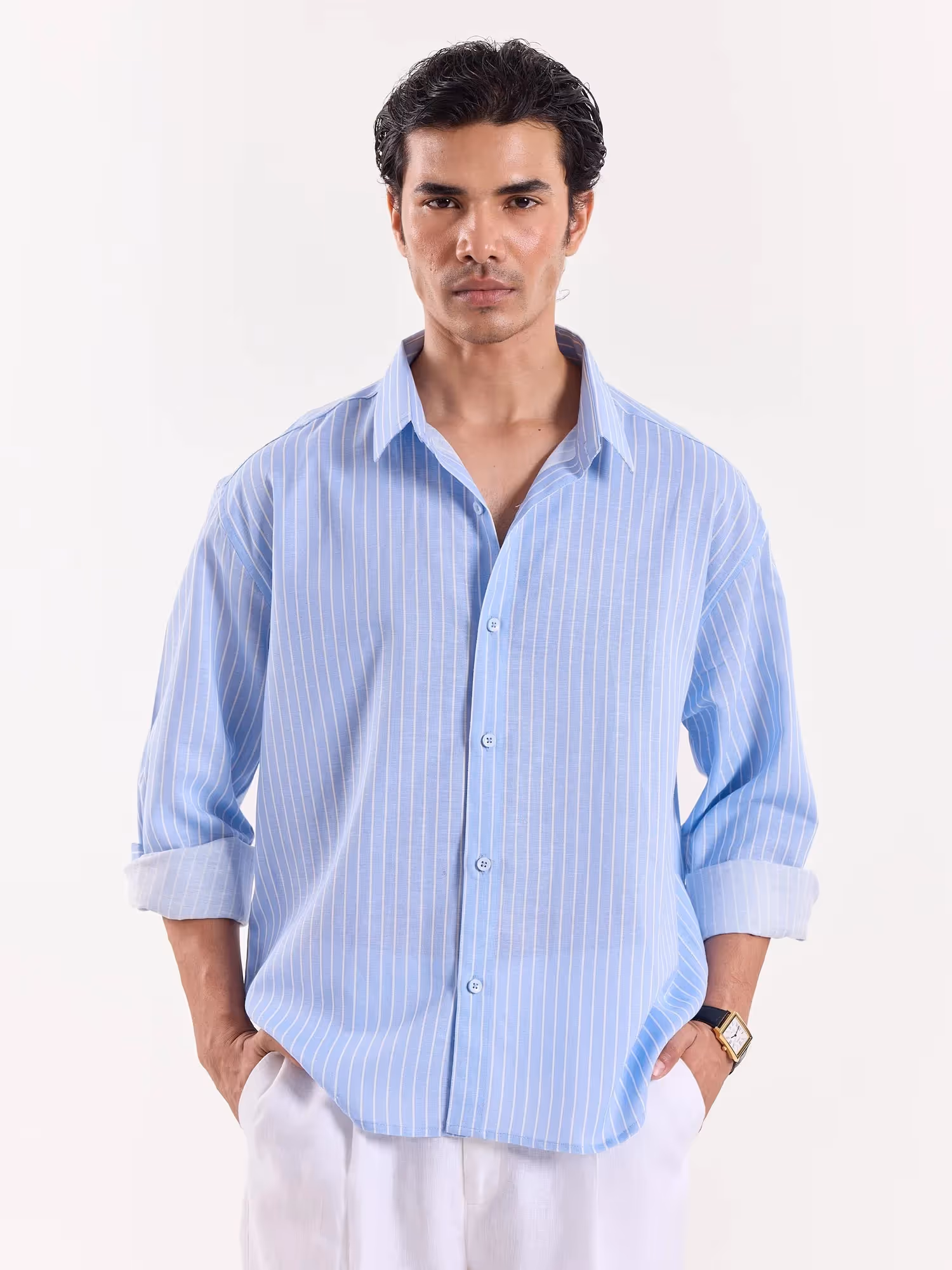 Blue & White Pinstriped Linen Cropped Shirt image 2