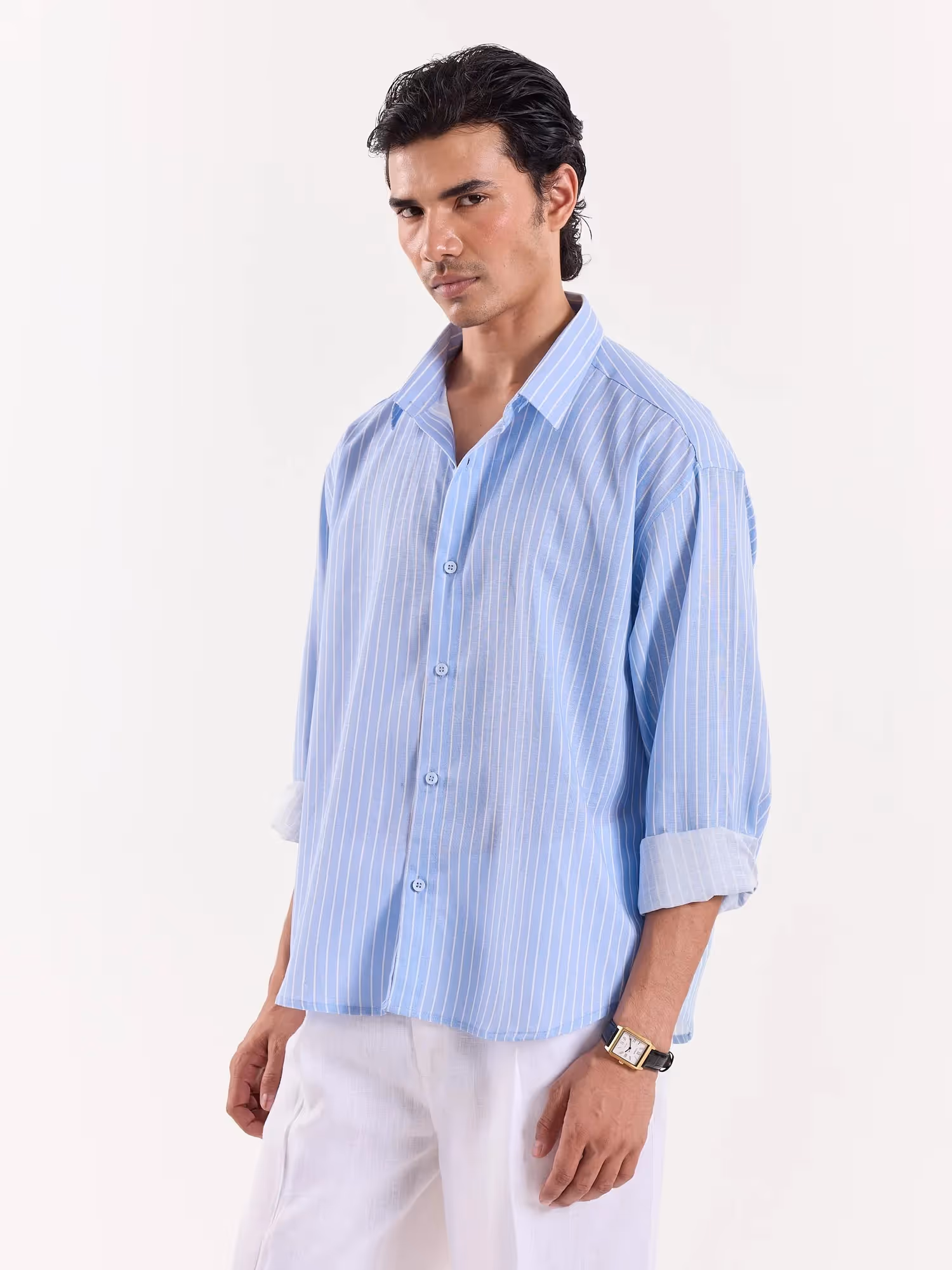 Blue & White Pinstriped Linen Cropped Shirt image 3