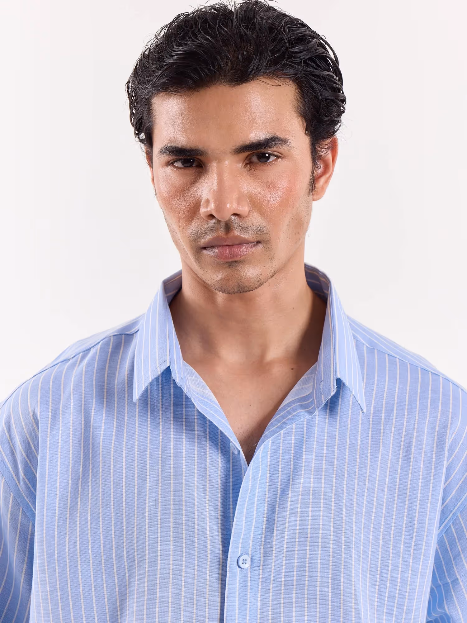 Blue & White Pinstriped Linen Cropped Shirt image 4