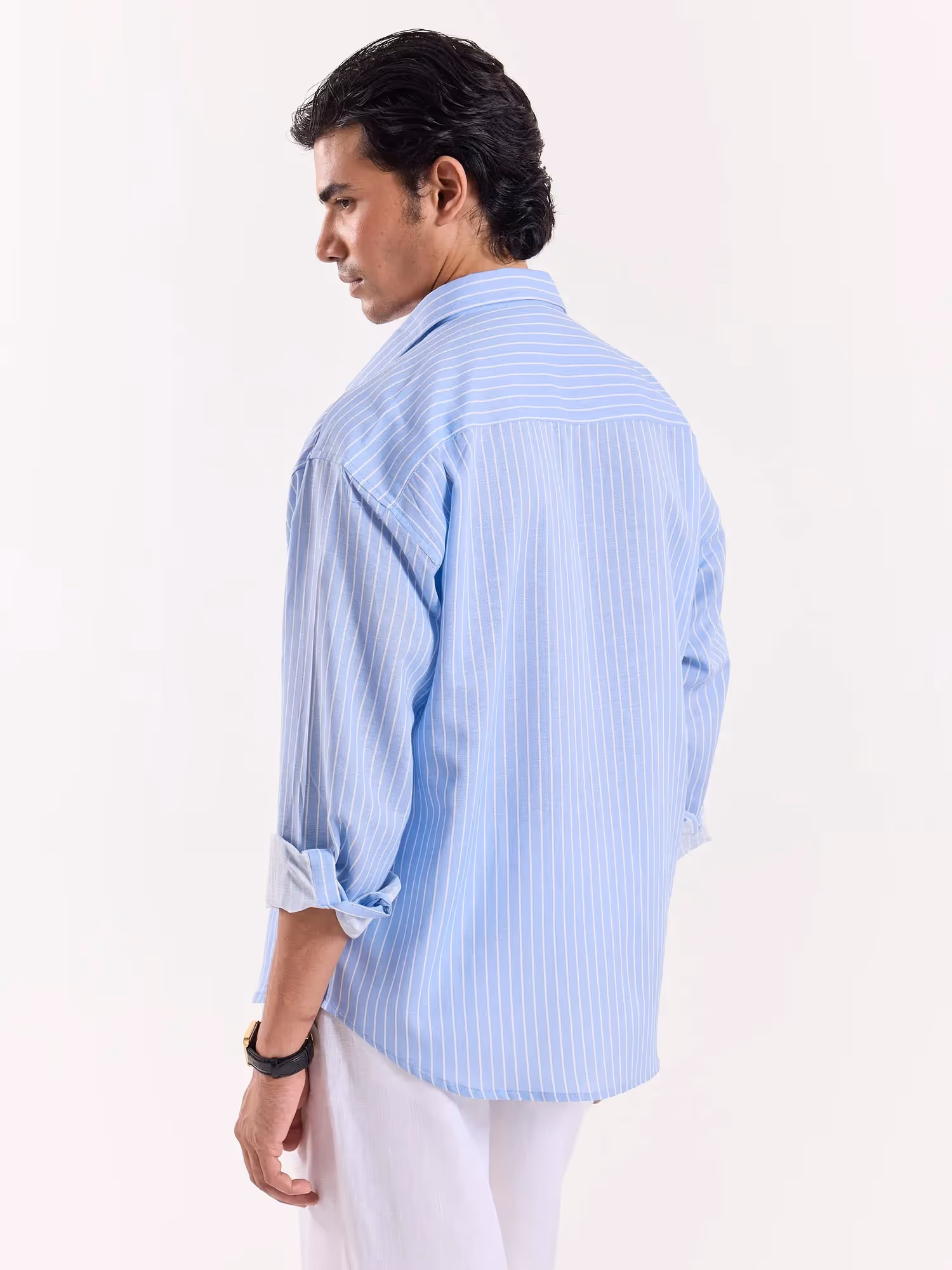 Blue & White Pinstriped Linen Cropped Shirt image 5
