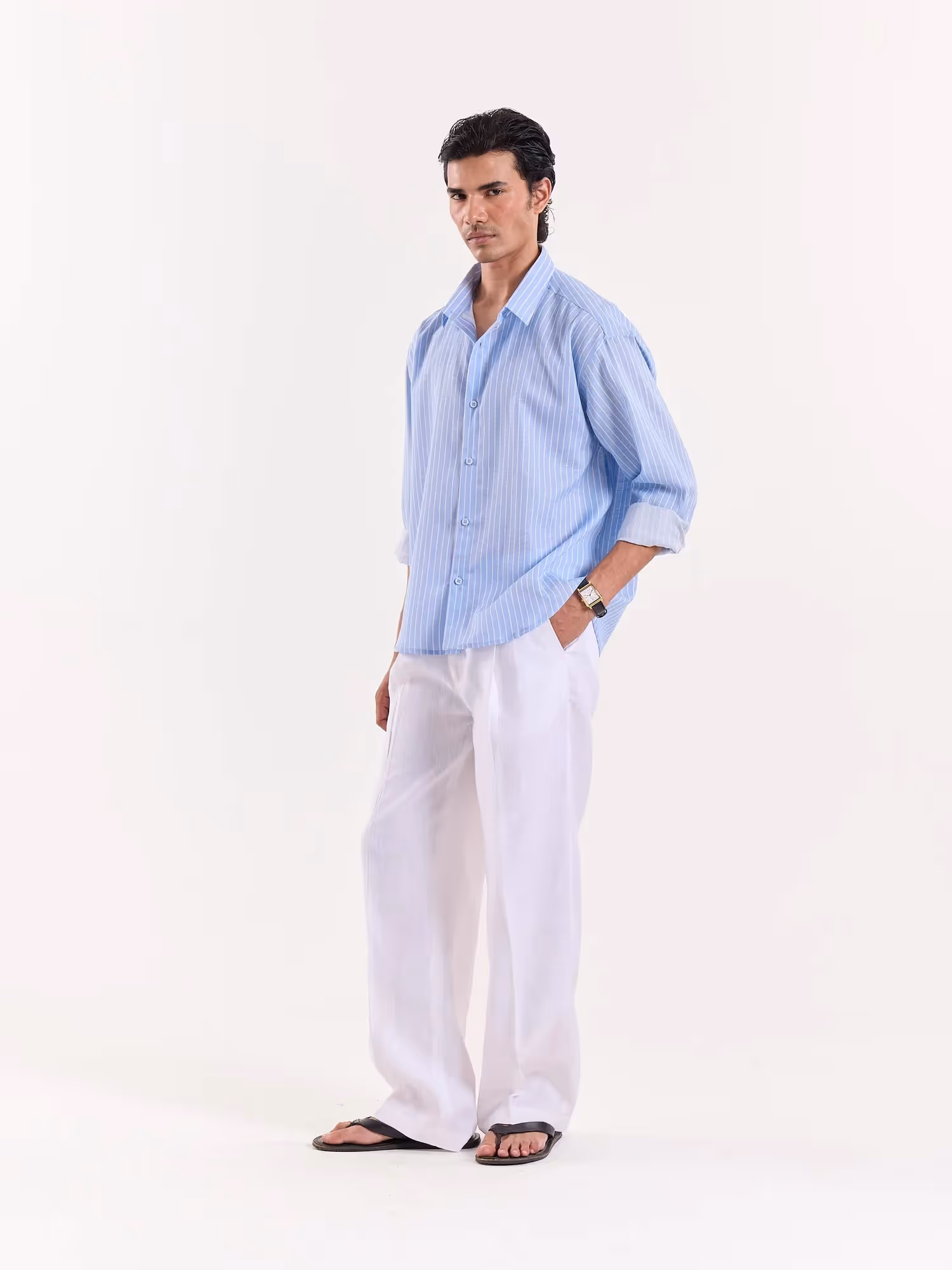 Blue & White Pinstriped Linen Cropped Shirt image 6