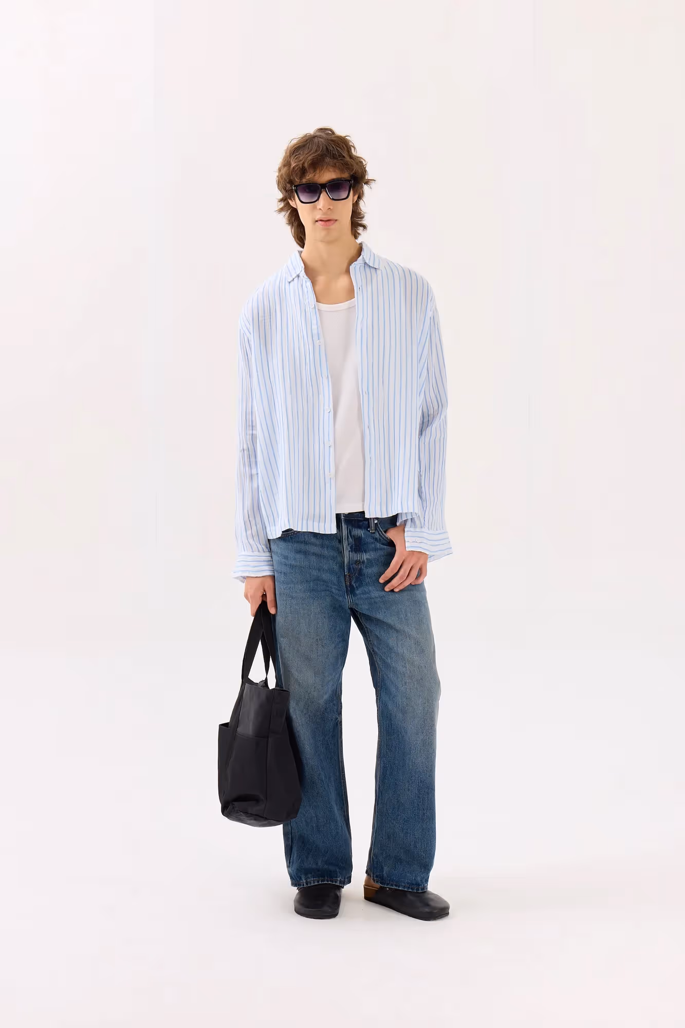 Blue & White Striped Gauze Holiday Shirt image 1