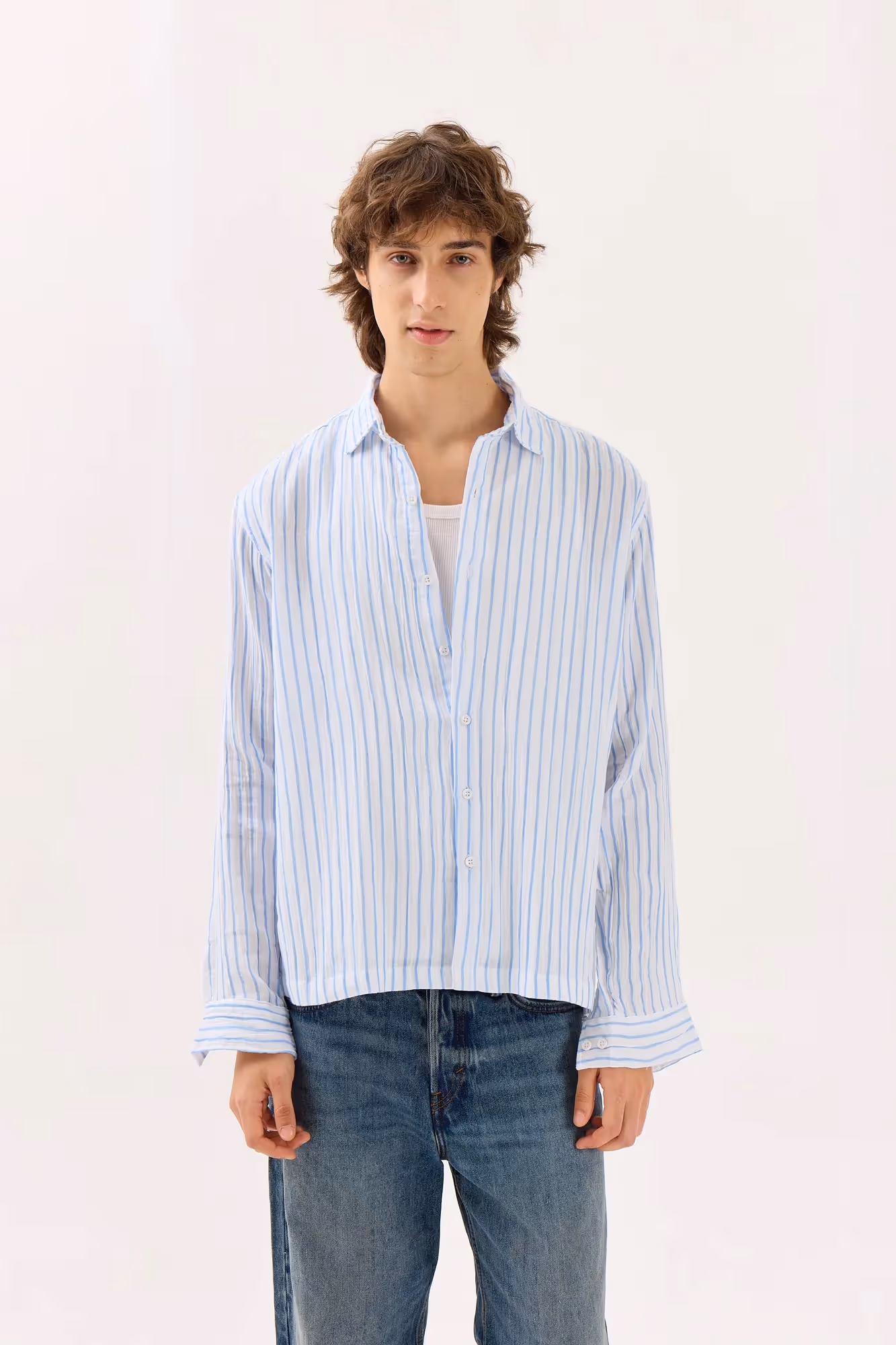 Blue & White Striped Gauze Holiday Shirt image 2