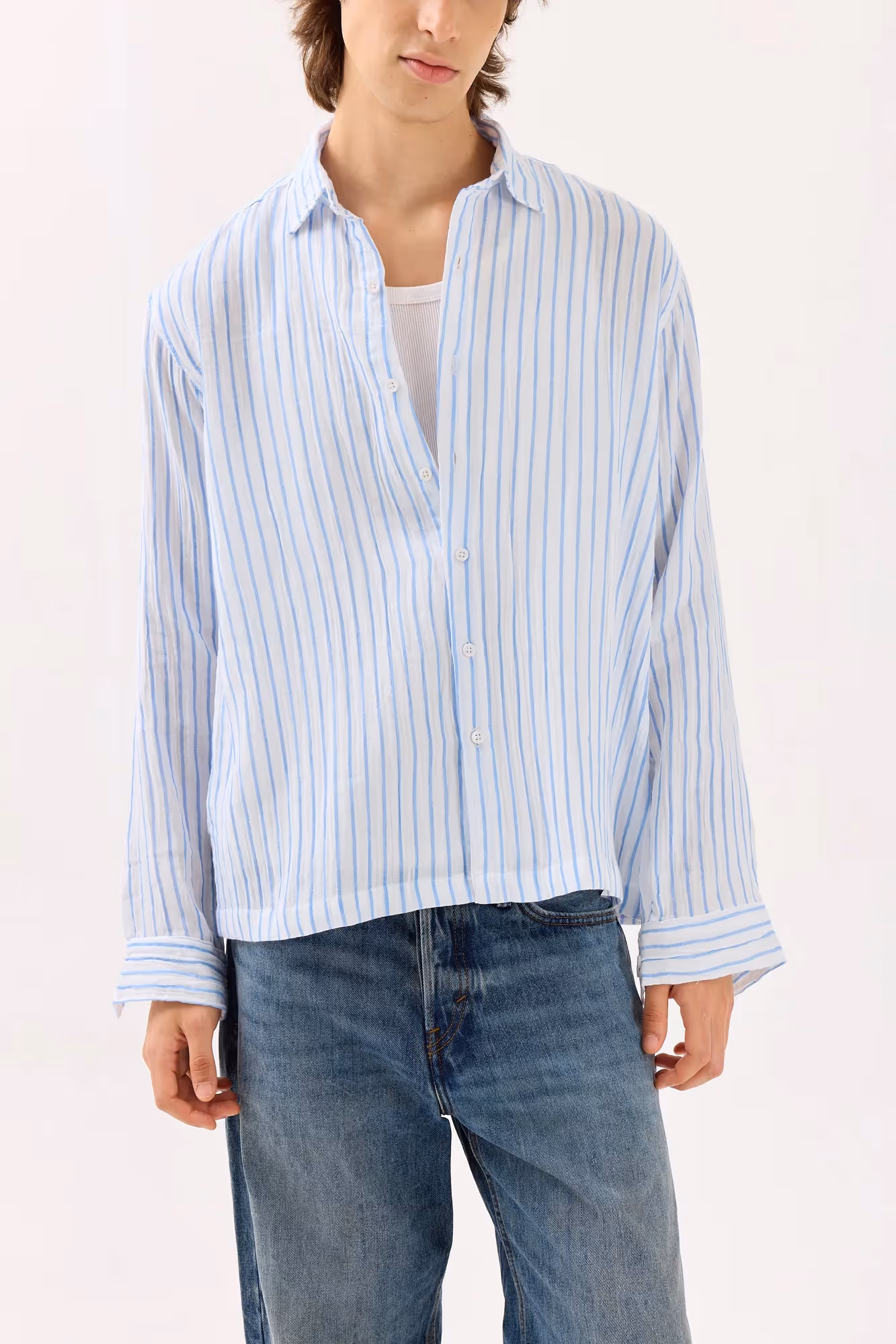 Blue & White Striped Gauze Holiday Shirt image 3