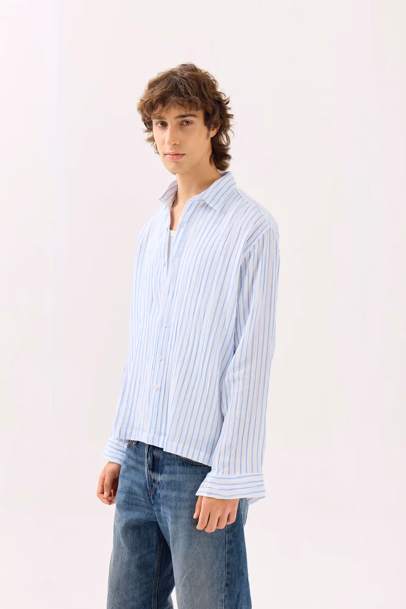 Blue & White Striped Gauze Holiday Shirt image 5