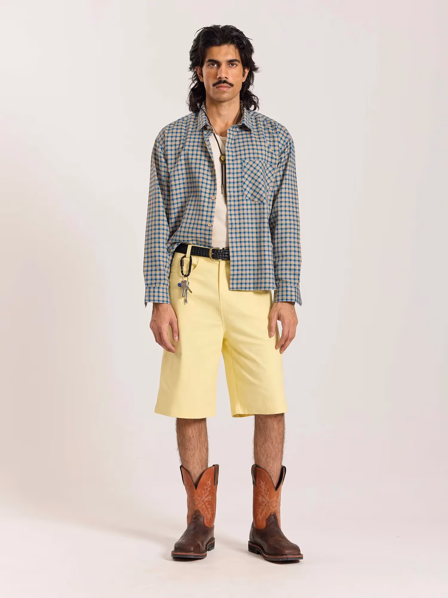 Blue & Yellow Checkered Oversized Cropped Shirt image 1