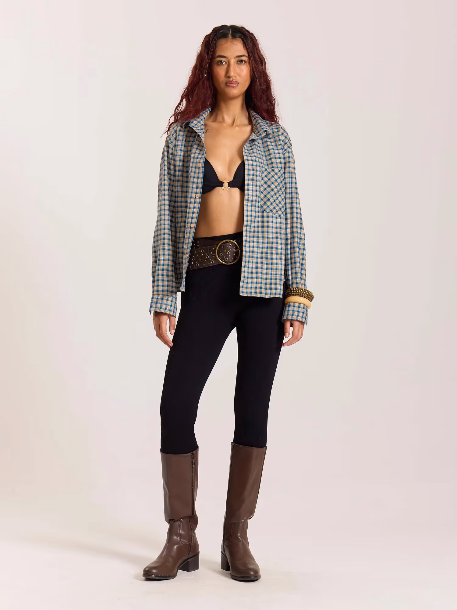 Blue & Yellow Checkered Oversized Cropped Shirt image 2