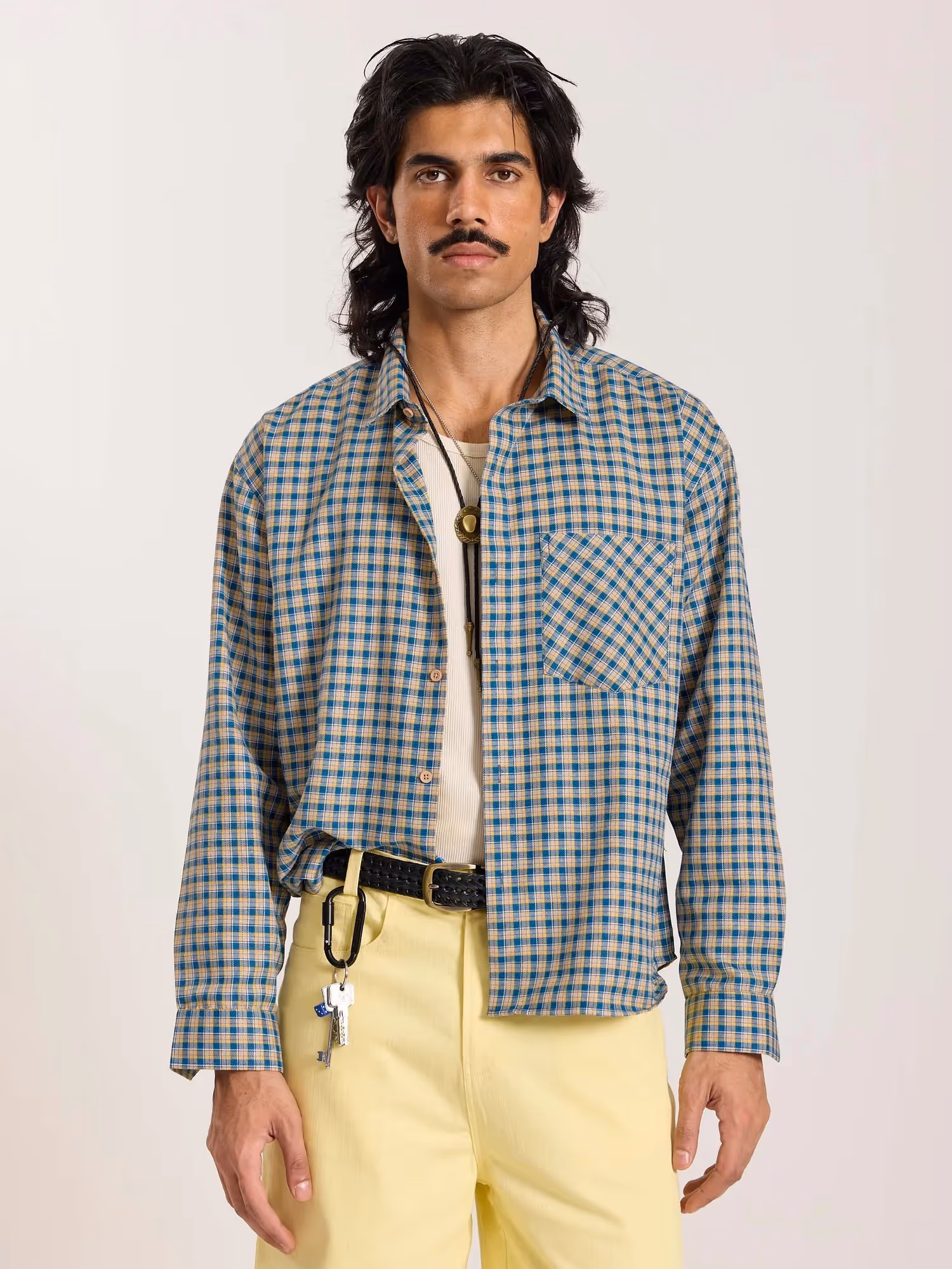 Blue & Yellow Checkered Oversized Cropped Shirt image 3