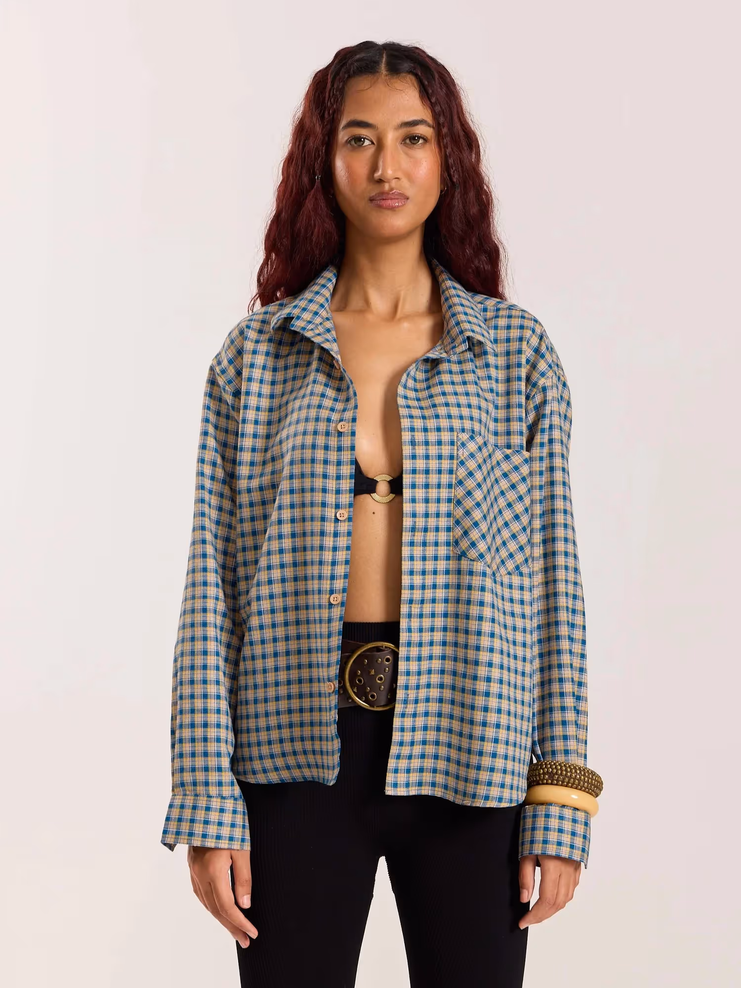 Blue & Yellow Checkered Oversized Cropped Shirt image 4