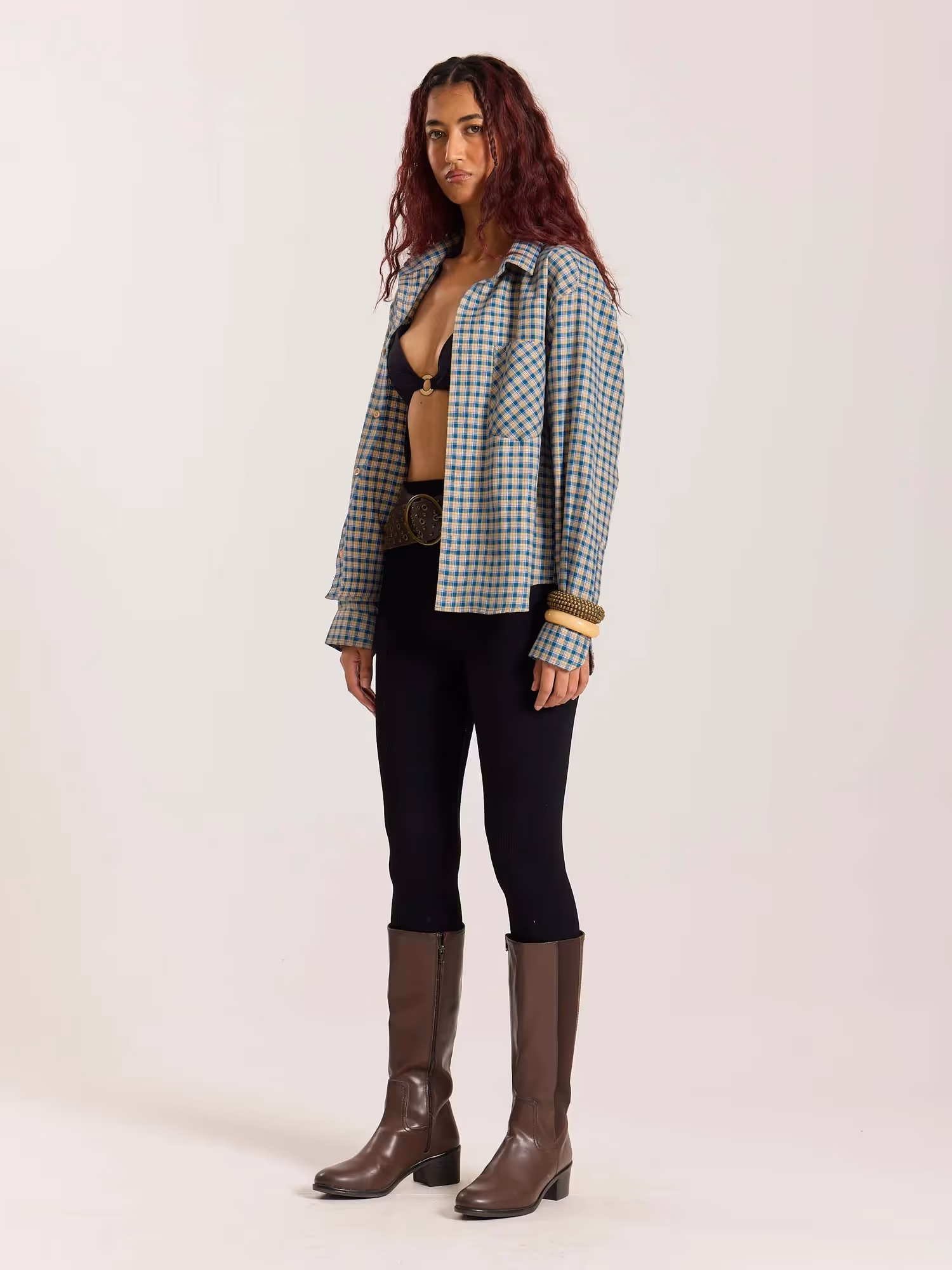 Blue & Yellow Checkered Oversized Cropped Shirt image 6