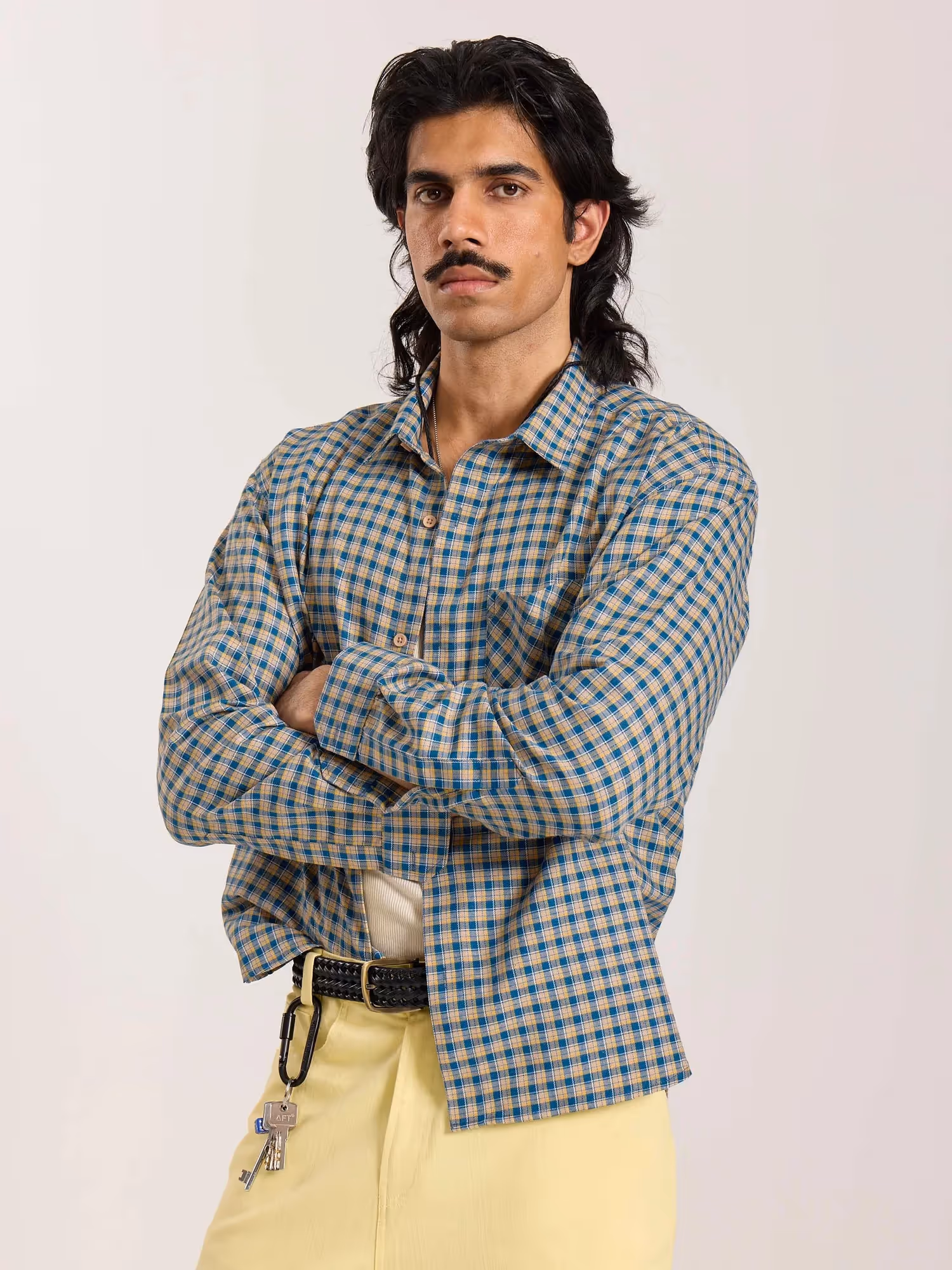 Blue & Yellow Checkered Oversized Cropped Shirt image 7