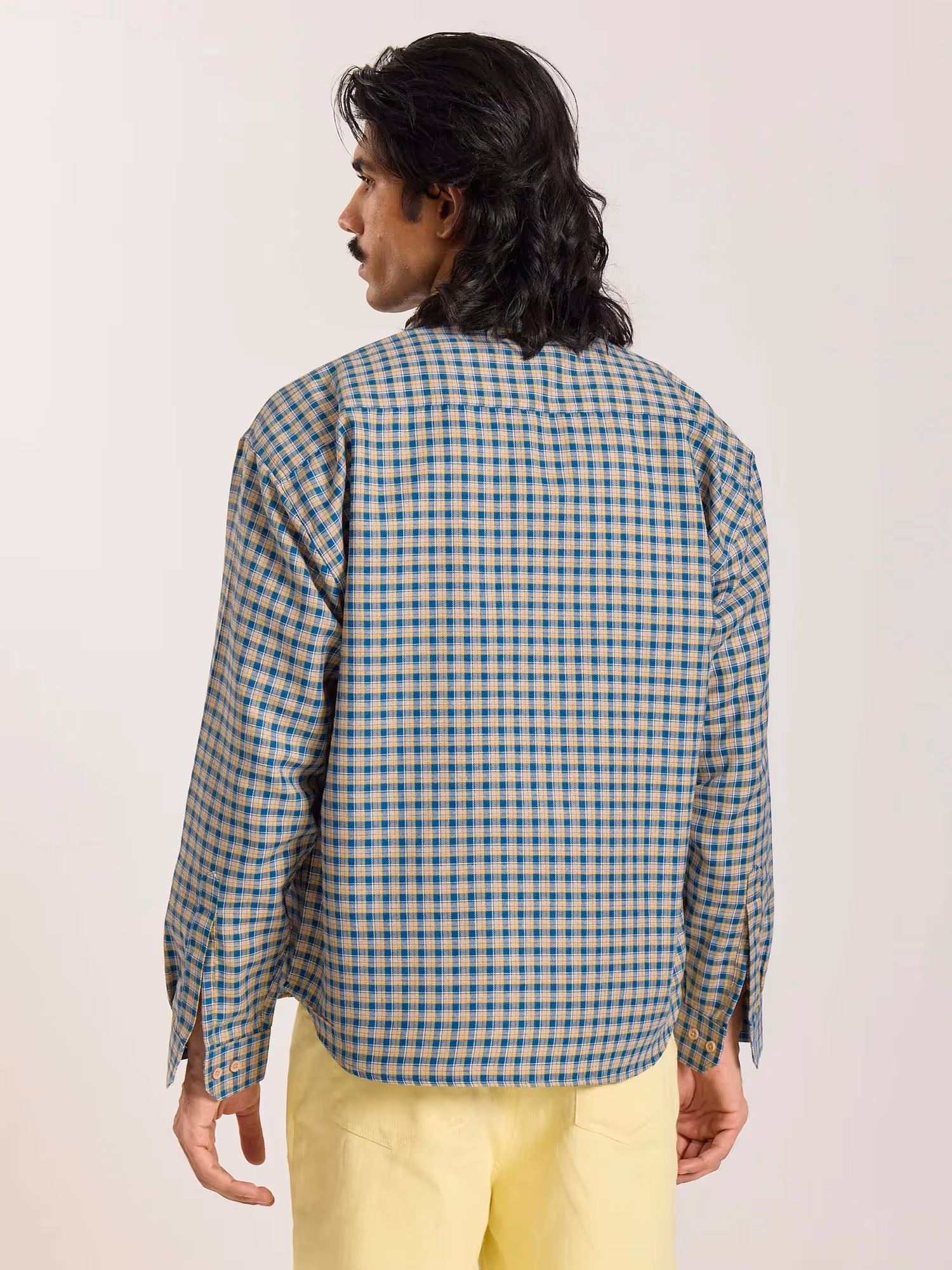 Blue & Yellow Checkered Oversized Cropped Shirt image 8